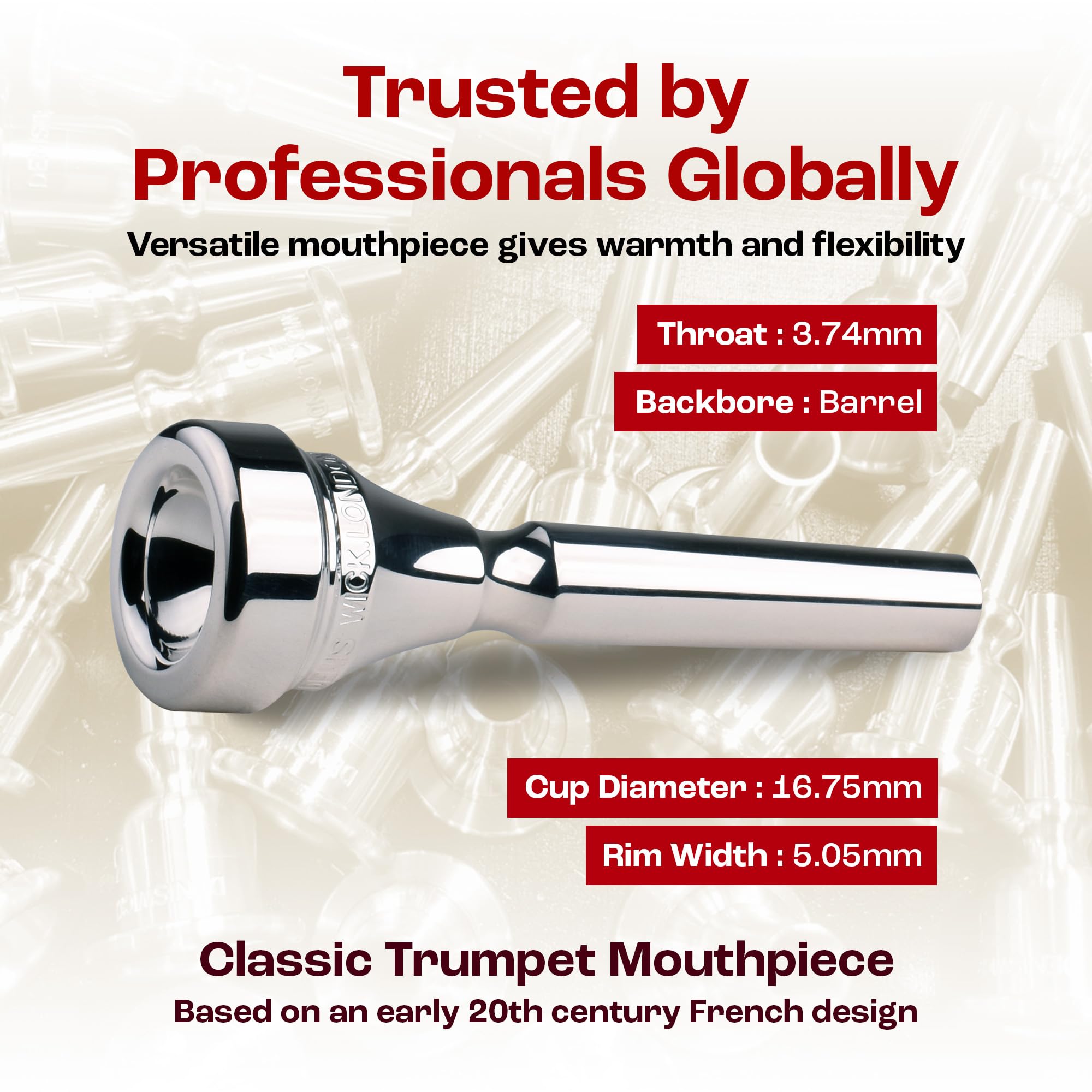 Denis Wick Classic Trumpet Mouthpiece Silver Plated, 5882-3 - Barrel Backbore for Balanced Airflow and Tone - Trumpet Accessories for Effortless Articulation 16.75 x 5.05 x 3.7mm