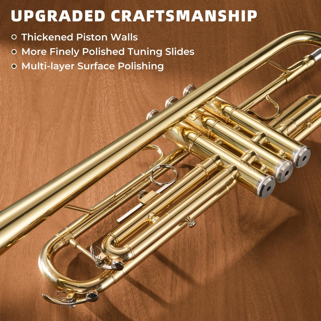 JAMELO Bb Standard Trumpet Set, Brass Trumpet Instrument for Student/Beginner with Carrying Case, 7C Mouthpiece, Cleaning Cloth and Gloves (TP-100, Gold)