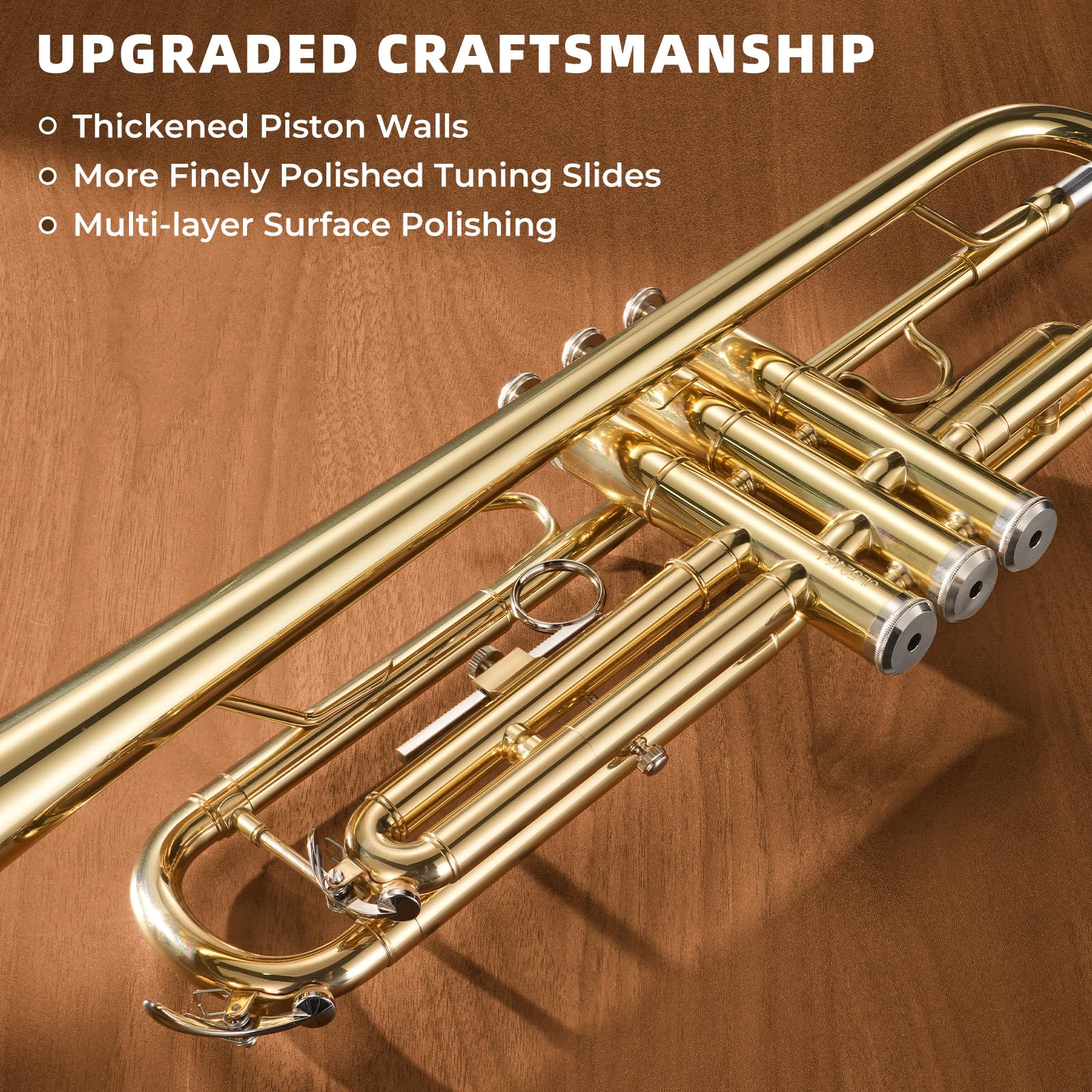 JAMELO Bb Standard Trumpet Set, Brass Trumpet Instrument for Student/Beginner with Carrying Case, 7C Mouthpiece, Cleaning Cloth and Gloves (TP-100, Gold)