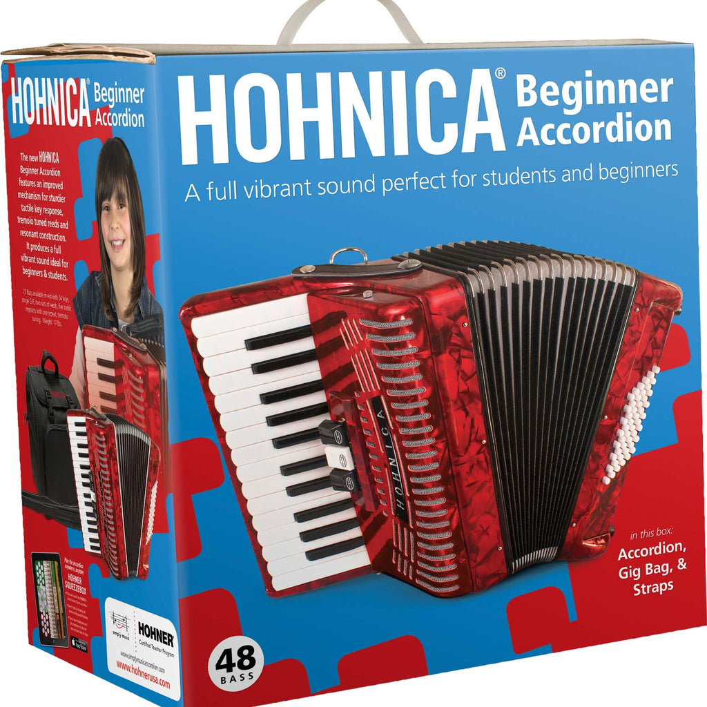 Hohner Hohnica 1305 72 Bass Piano Accordion - Pearl Red Bundle with Gig Bag, Straps, and Austin Bazaar Polishing Cloth