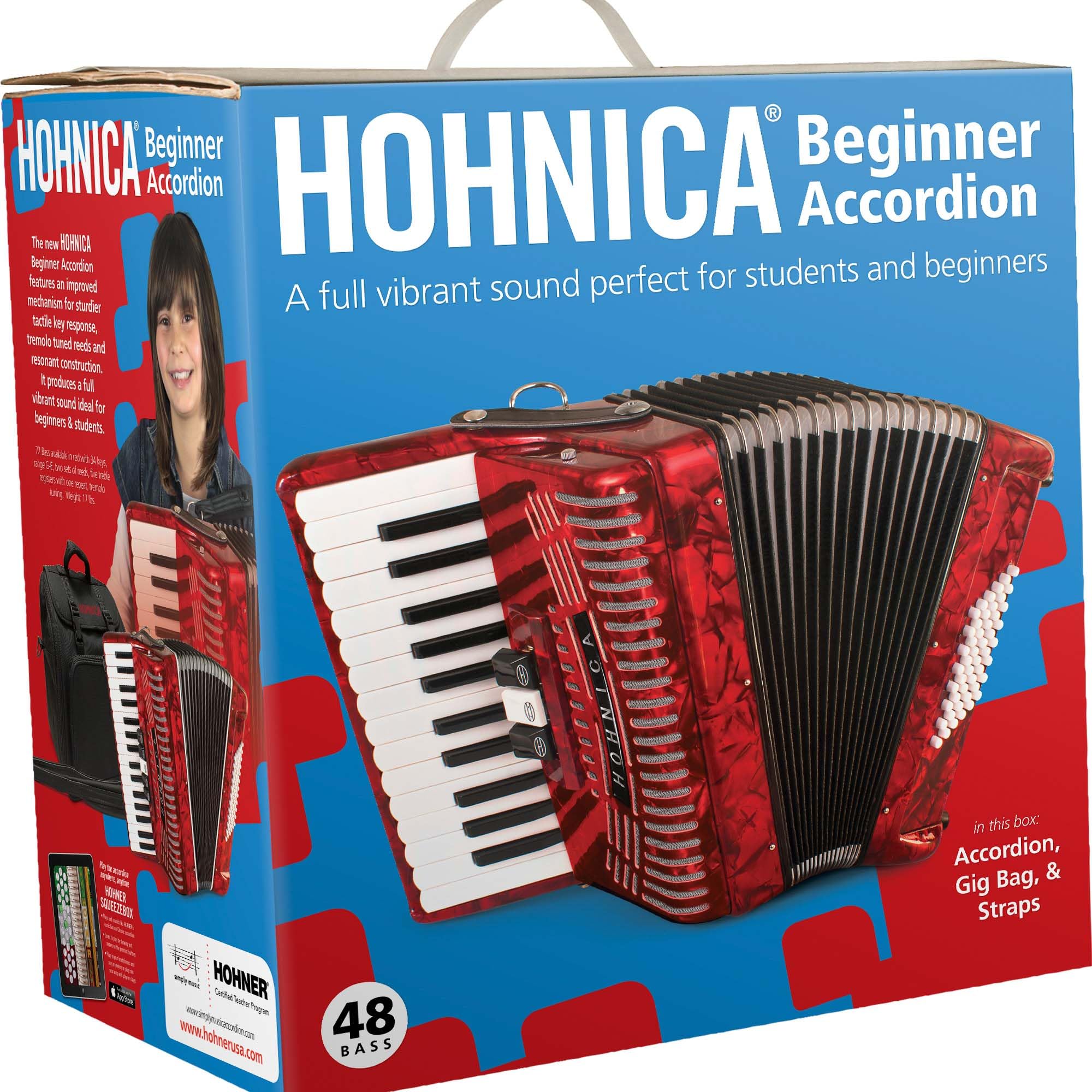 Hohner Hohnica 1305 72 Bass Piano Accordion - Pearl Red Bundle with Gig Bag, Straps, and Austin Bazaar Polishing Cloth