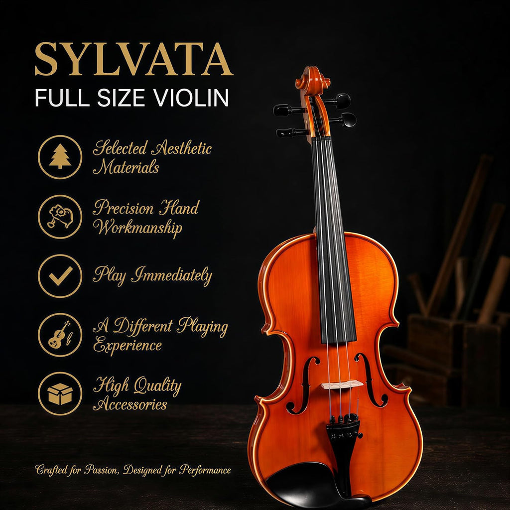 Handcrafted Solid Wood Violin 4/4 Full Size, Acoustic Fiddle with Gradient Finish, Ebony Fingerboard & Fittings, High-End Full Size Violin Kit with Ebony Bow, Alice Strings, and Deluxe Case