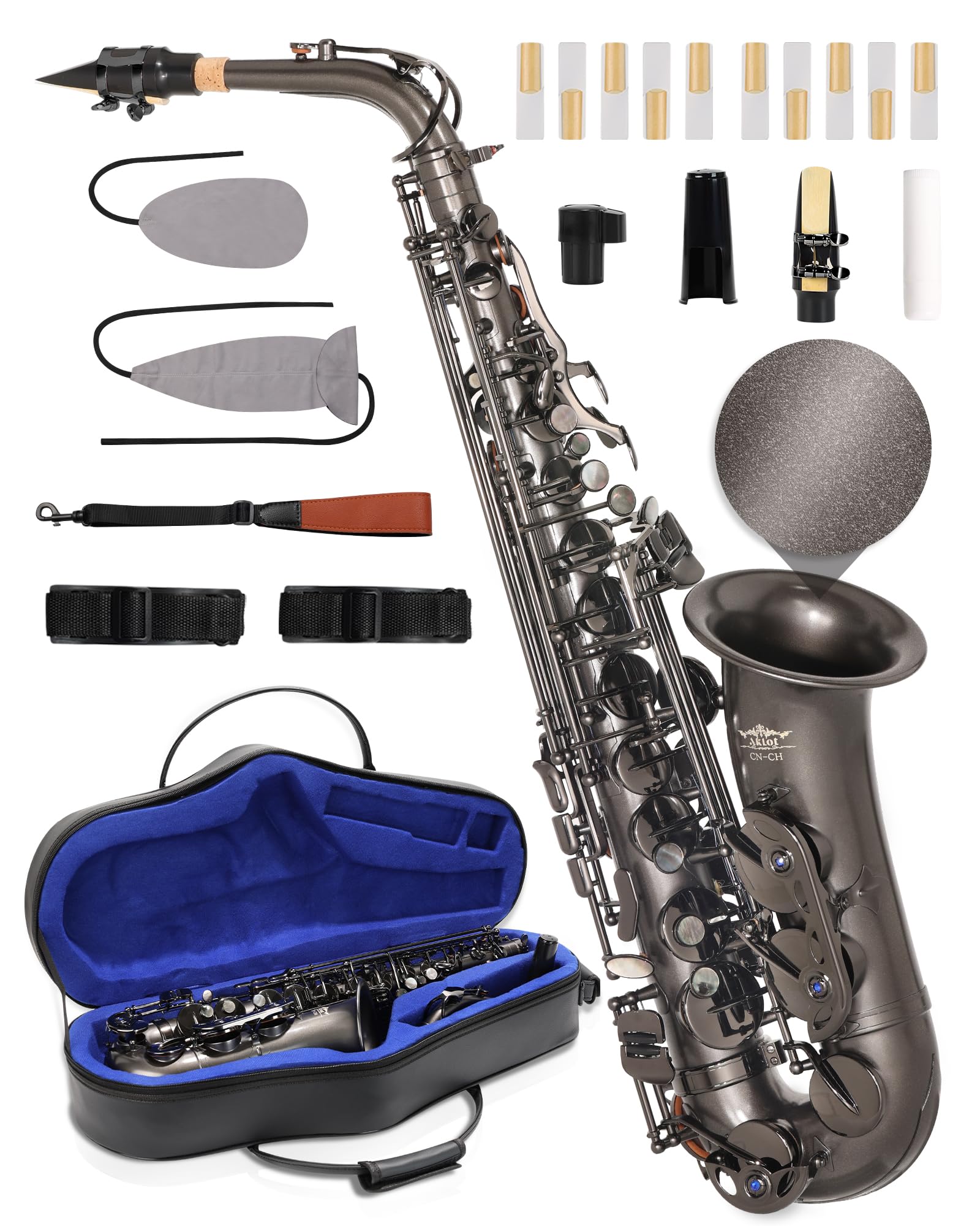 AKLOT Handcrafted E-Flat Alto Saxophone: Matte Silver Brass Body with Warm, Rich Tone, Secure Air Seal, Smooth 23-Key System, Includes Reeds, Premium Leather Case and Saxophone Cleaning Kit (CH-FM)