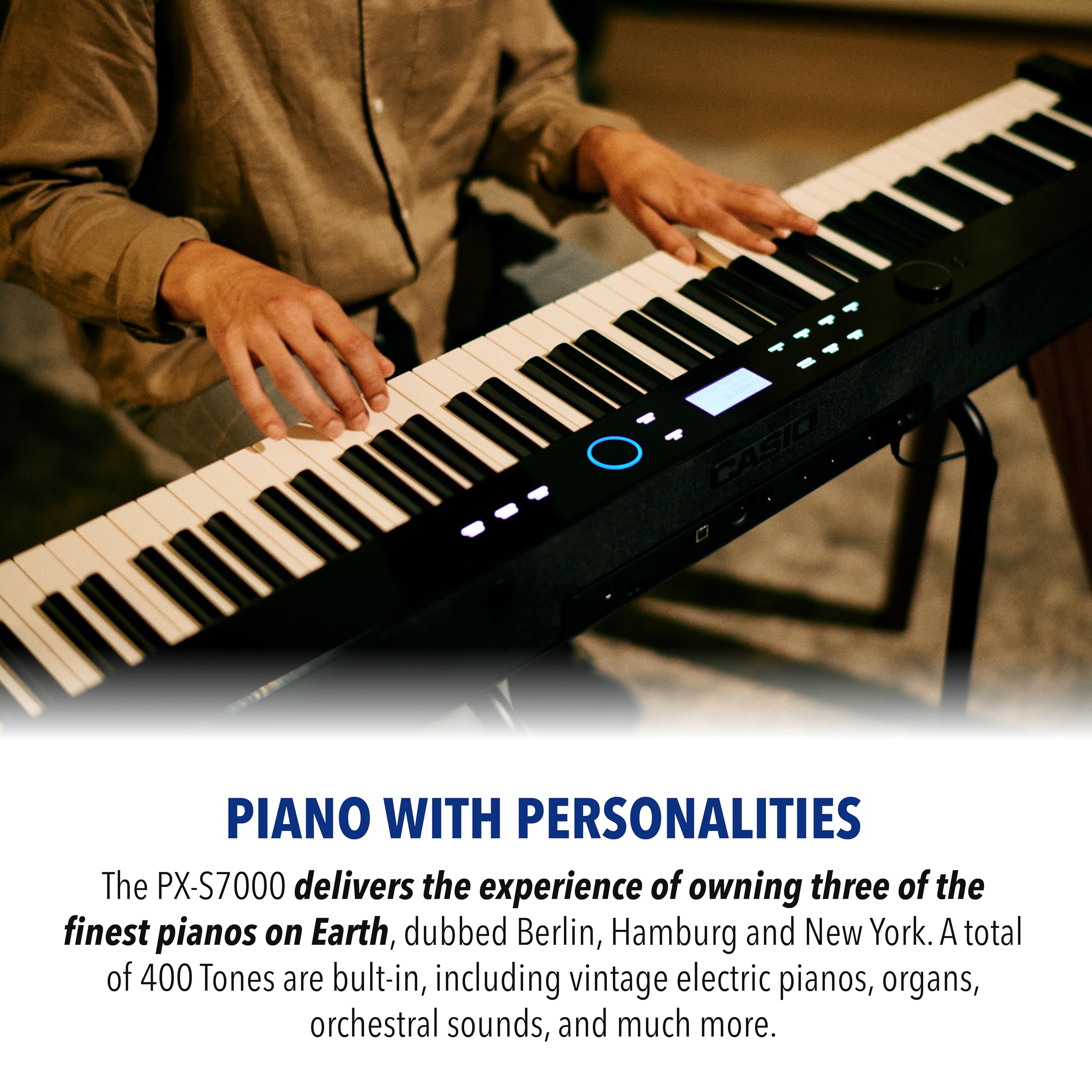 Casio Privia PX-S7000 Portable Digital Piano w/88 Hybrid Weighted Keys, 400 Tones, Touch Sensor Controls, Stand w/ 3 Pedals, Bluetooth, USB, AC Adapter, 32W Speakers, Harmonious Mustard (PX-S7000HM)