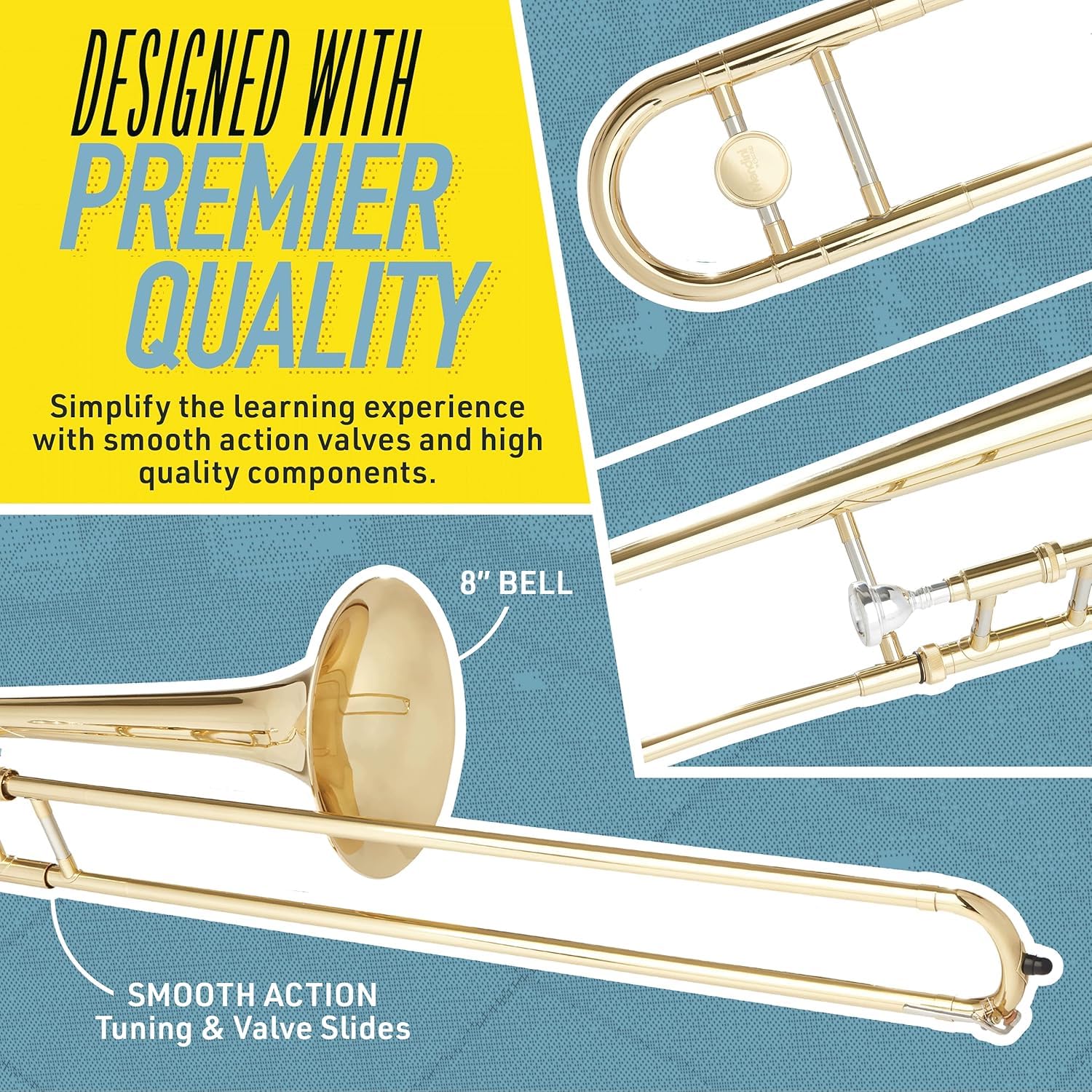 Mendini by Cecilio Bb Tenor Slide Trombone for Beginners - B Flat Brass Plated Trombone Instrument with Tuner, Music Book, Hard Case, Mouthpiece, Cleaning Kit & Gloves (Gold)