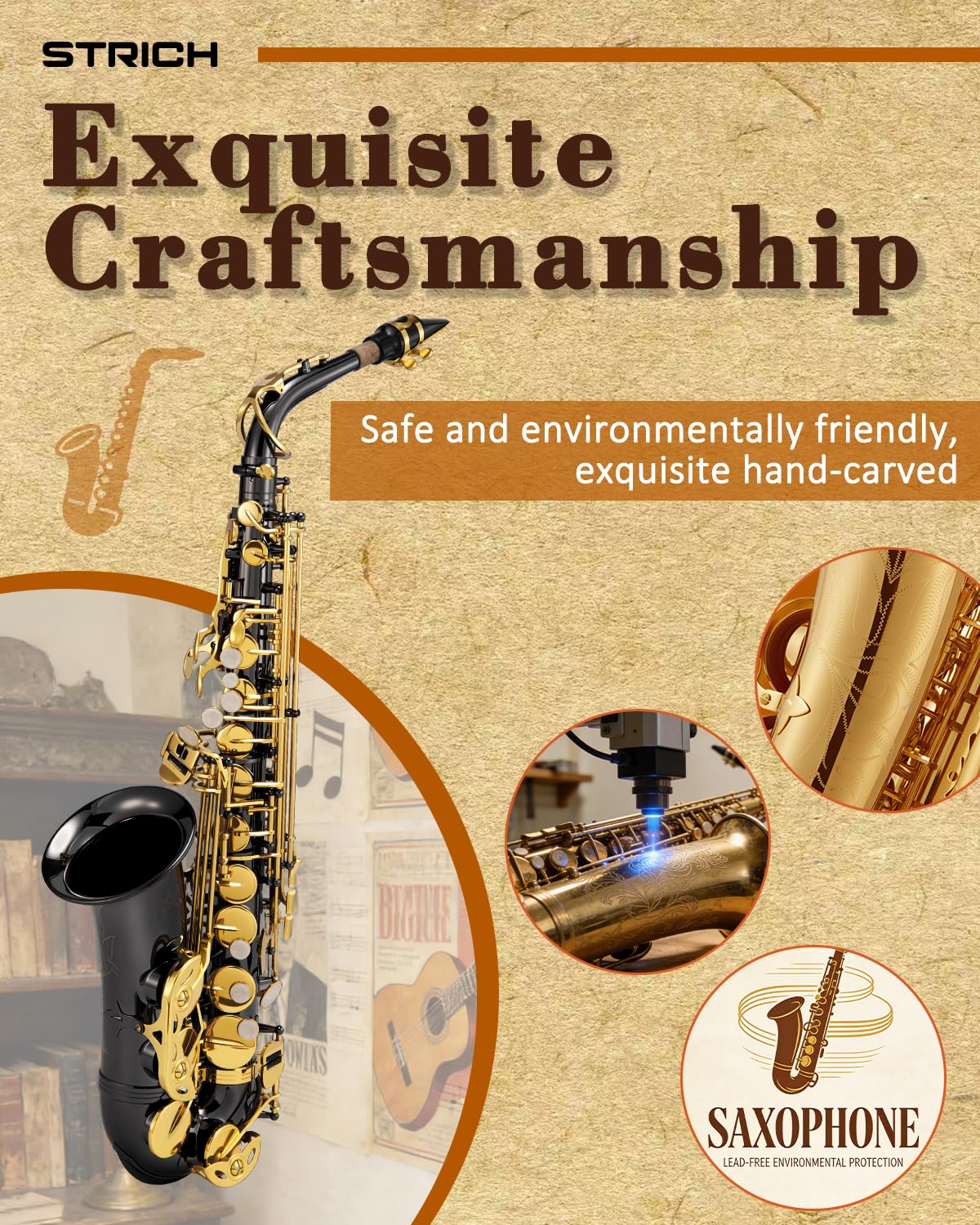 STRICH Eb Alto Saxophone Brass Student Beginner Alto Sax Kit with Hard Case Stand Neck Strap Mouthpiece and Reeds for School Band Home Practice, SSA-31B, Black