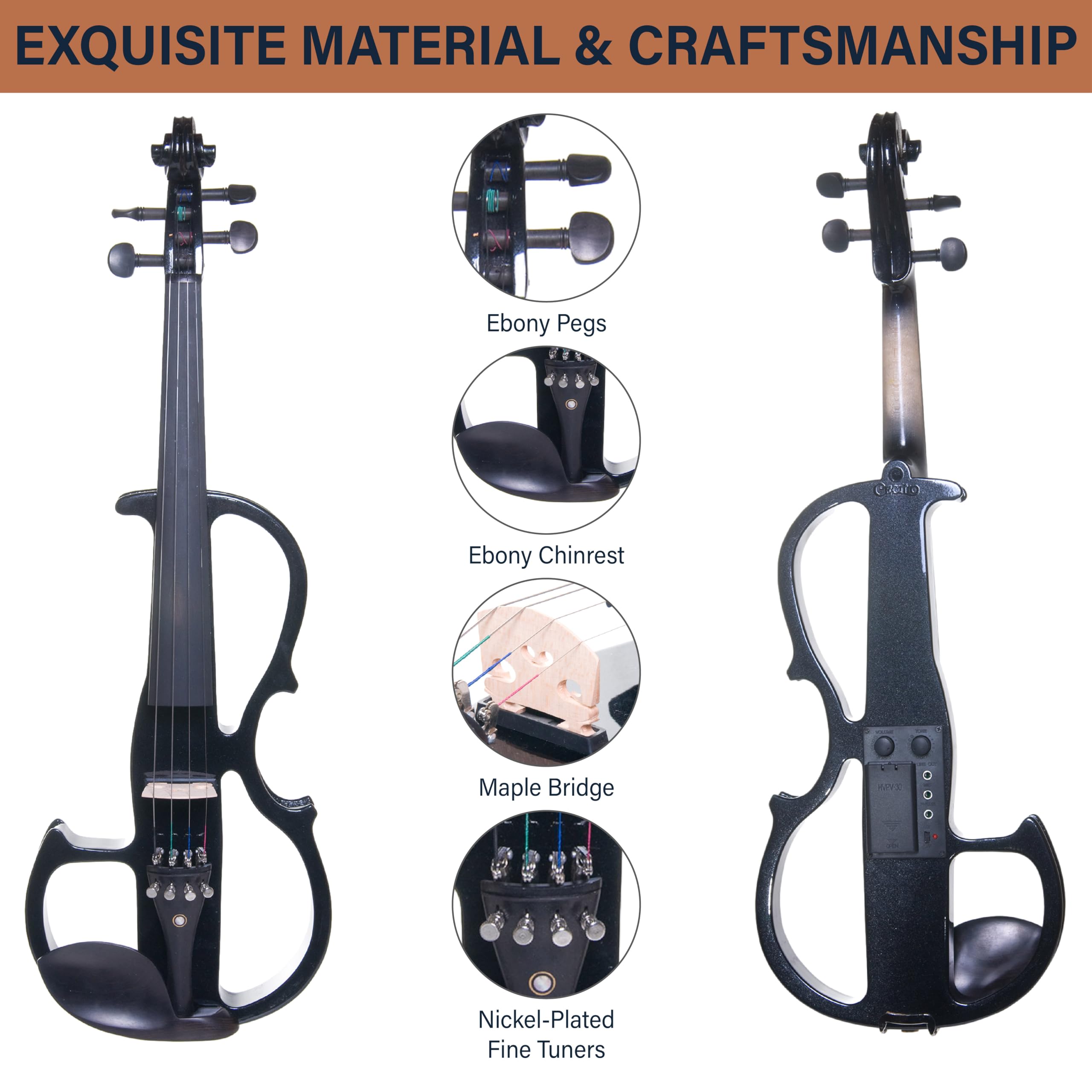 Cecilio Solid Wood Electric/Silent Violin with Ebony Fittings - 4/4 Full Size - Metallic Red Mahogany