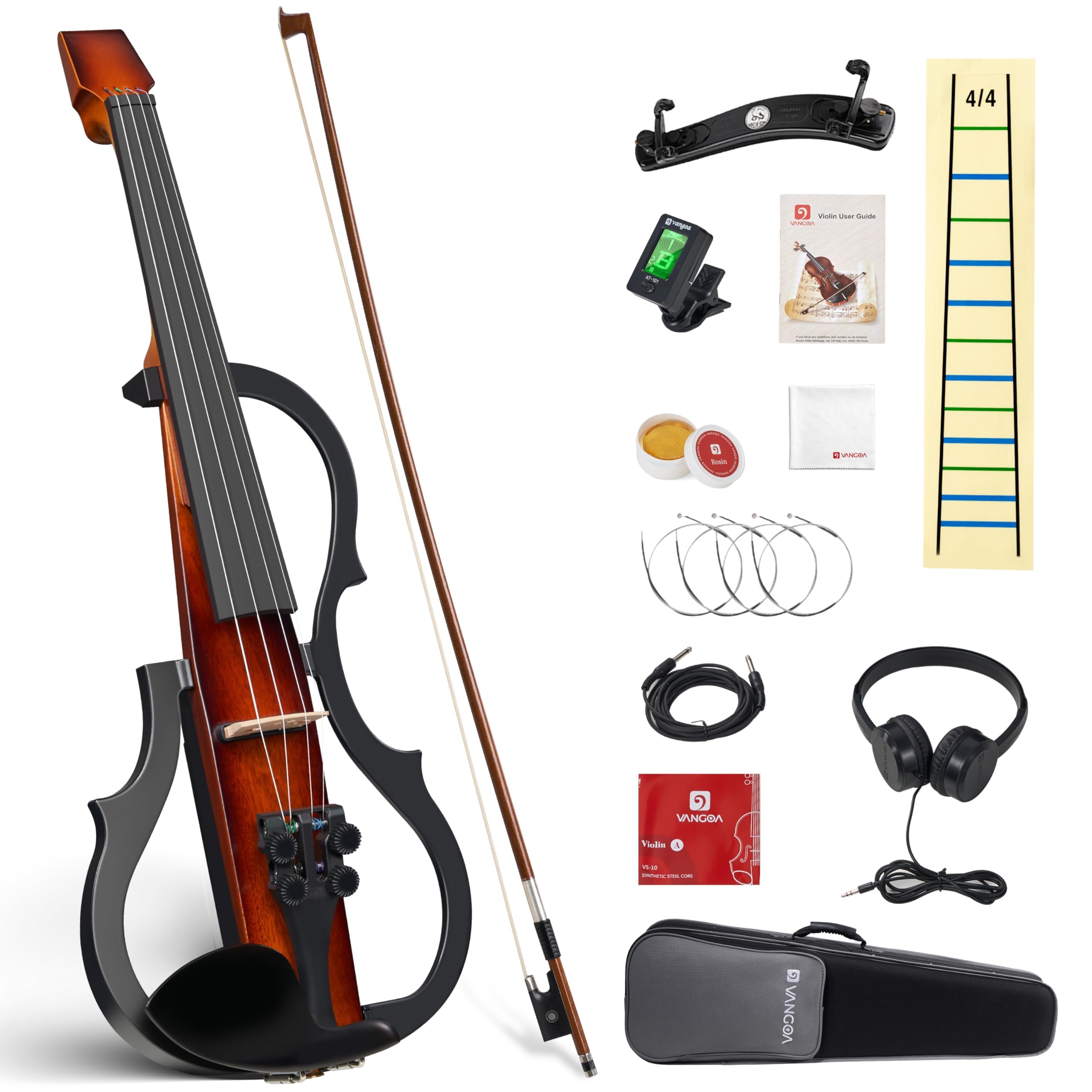 Vangoa Electric Violin 4/4 Full Size, Solid Wood Ebony Silent Violin with Professional Pickup & 3-Band EQ, Headless Lightweight Design, Beginner to Professional Electric Violin Kit, Brown