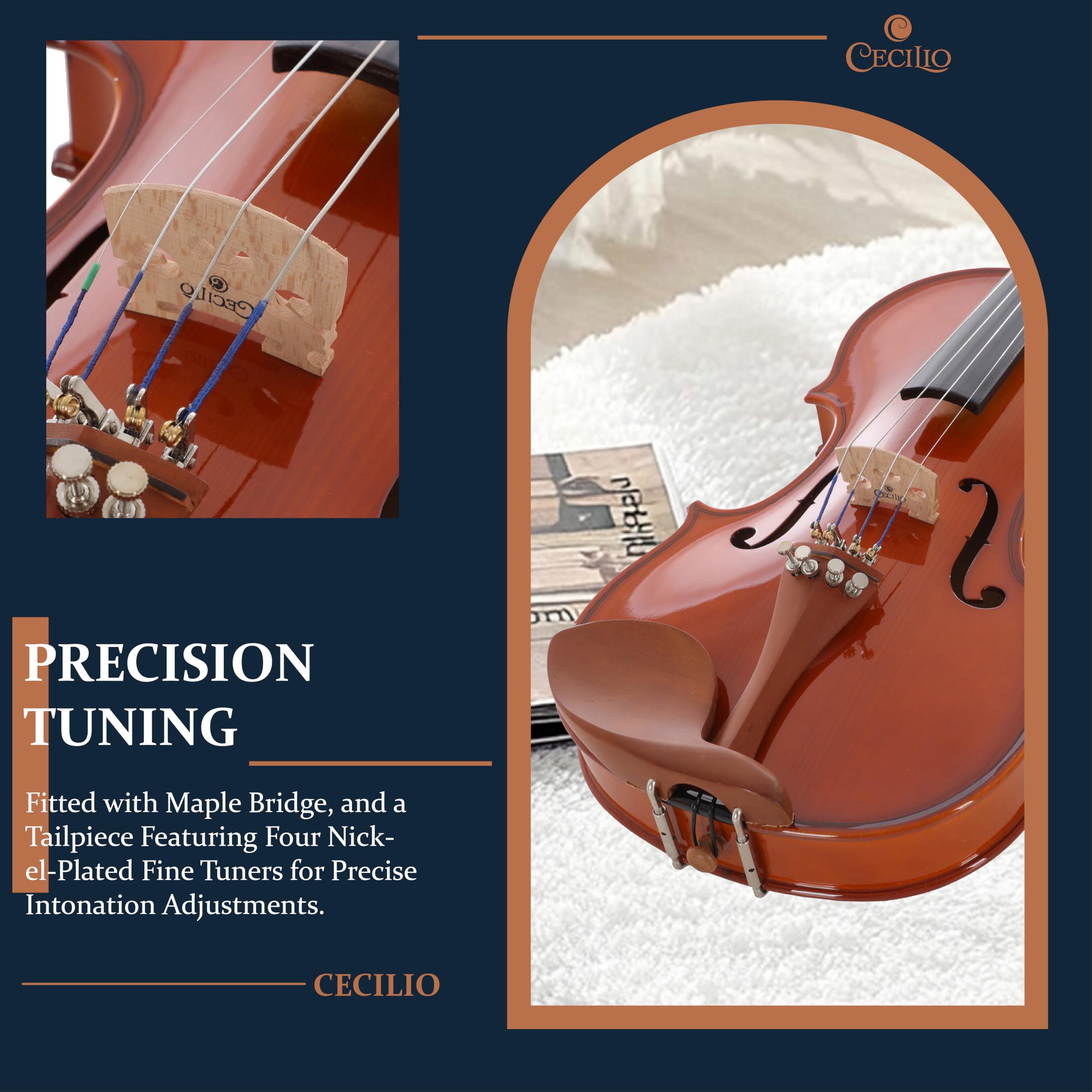 Cecilio Violin Solidwood Violin with 2 Brazilwood Bows, Rosin, Tuner, Shoulder Rest & Lesson Book – Ideal for Beginners, Size 3/4