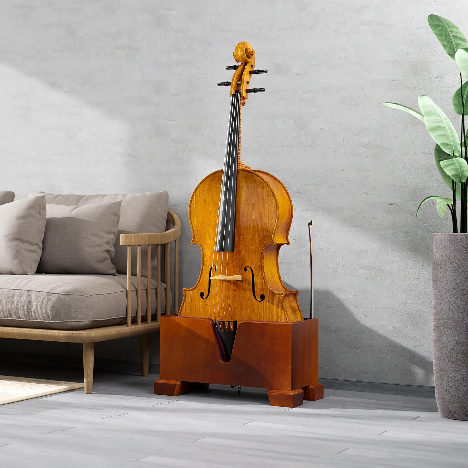 Cello Box Stand – Luxury Burgundy Plush Liner – Wooden Mahogany-tone Upright Instrument Holder – Wood Display Case - Integrated Bow Holder - with Cello Endpin Stopper - AFATATARA