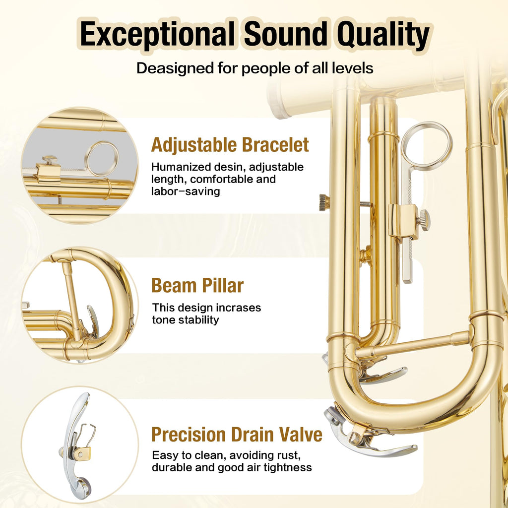 B Flat Alto Trombone, Brass Trombone for Beginners with Mouthpiece, Hard Case, Gold Lacquer Finish, Cleaning Kit (Rod/Cloth/Gloves), Professional Student Musical Instrument