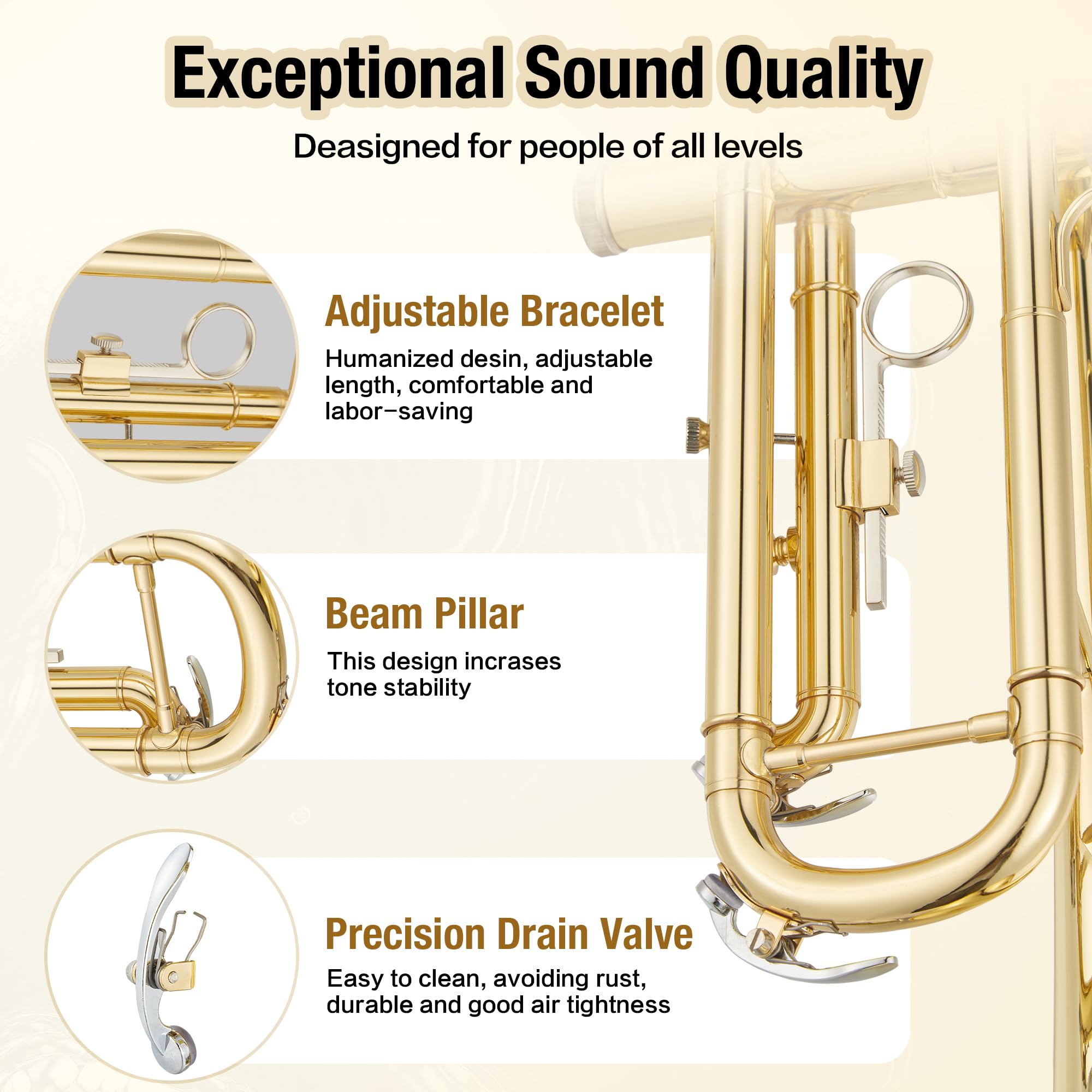 B Flat Alto Trombone, Brass Trombone for Beginners with Mouthpiece, Hard Case, Gold Lacquer Finish, Cleaning Kit (Rod/Cloth/Gloves), Professional Student Musical Instrument