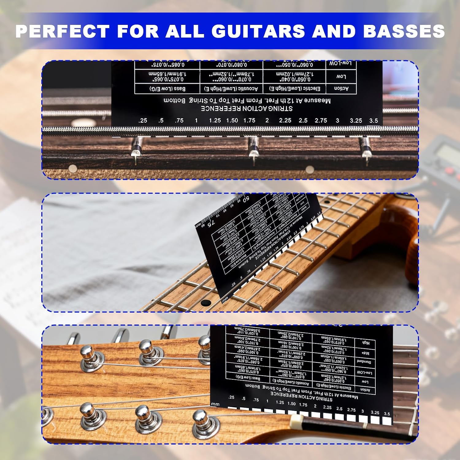 2pcs Guitar String Action Gauge Ruler, Precision String Height Measurement Tool with Inch & Metric Scales for Electric Acoustic Bass Guitars & Luthier Setup Accessories