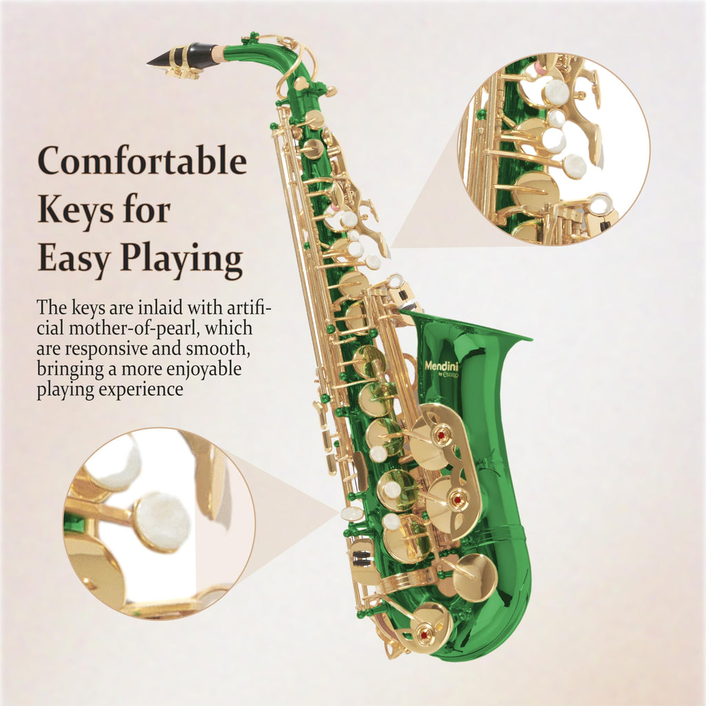 Mendini By Cecilio Alto Saxophone for Beginners, E Flat Alto Saxophone for Musicians with Tuner, Mouthpiece, Case, 10 Reeds, Grease, Cleaning Cloth & Rod, Gloves, Strap, Lesson Book (Green)