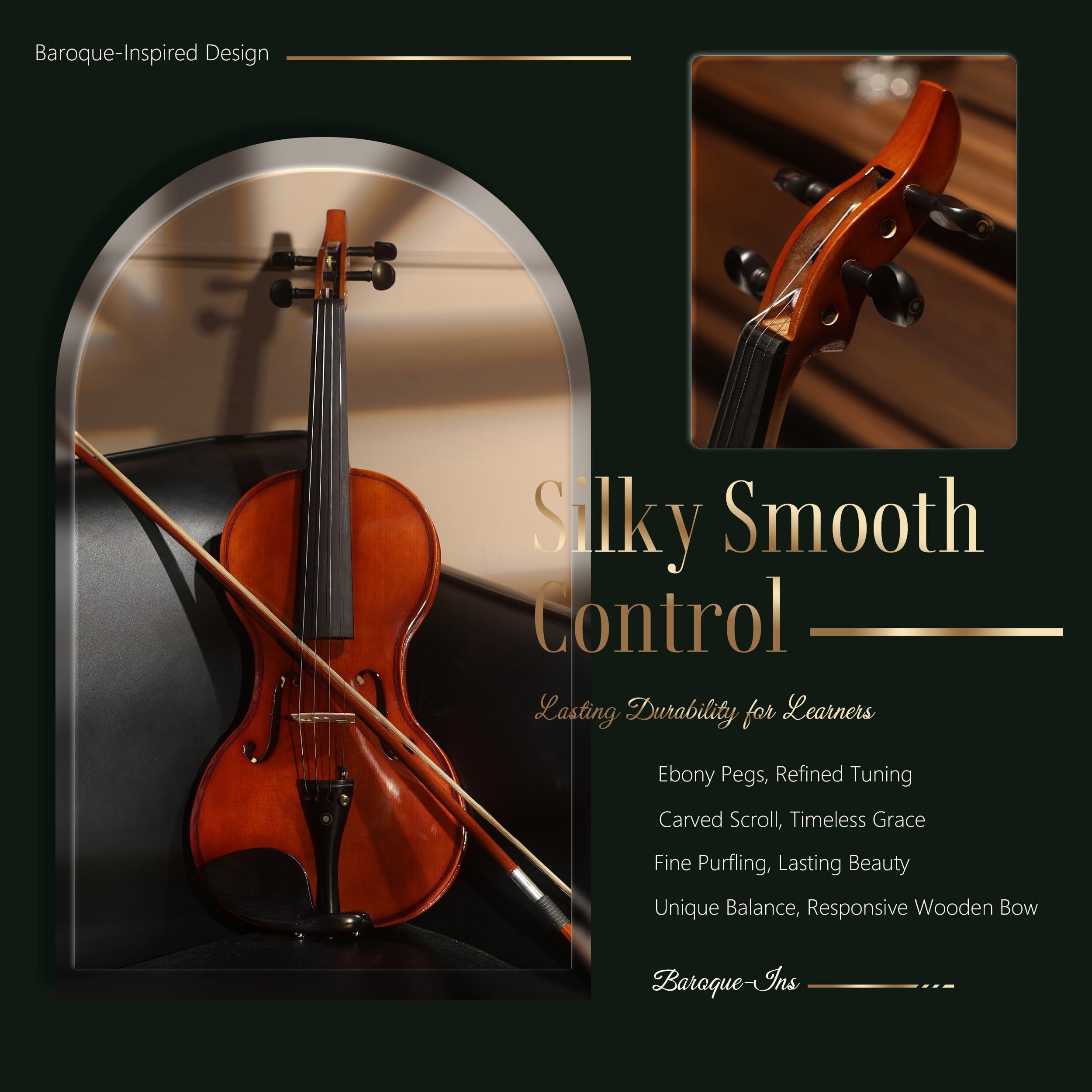 AKLOT Handcrafted Full Size Violin: Solid Wood Matte Fiddle, Acoustic Beginner 4/4 Violin Kit with Hard Case, Lesson Book, Bow, Shoulder Rest, Extra Strings, Tuner, Fretboard Stickers (VRT-AmiCS)