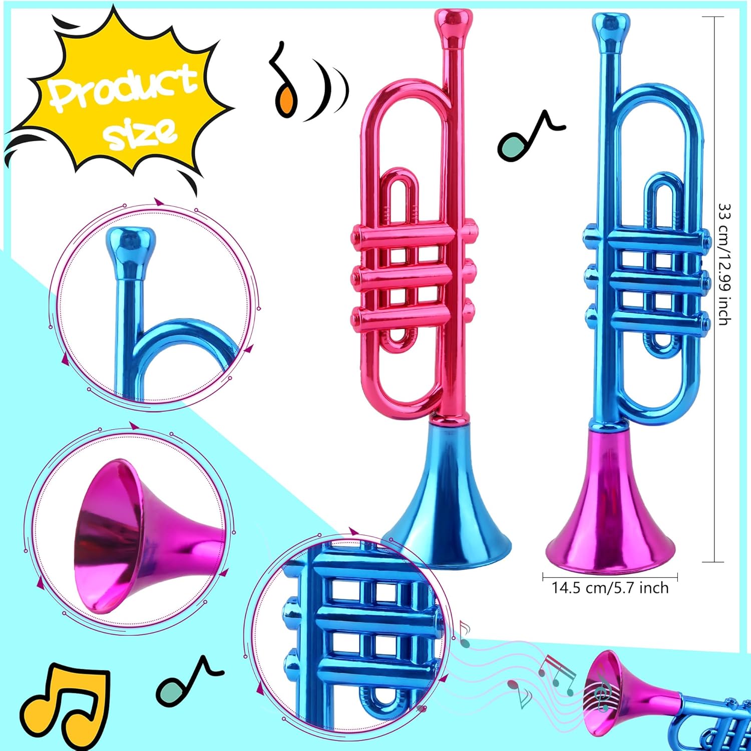 18 Pack 13 Inch Kids Trumpet Toy Colorful Plastic Trumpet Musical Instrument Metallic Trumpets Noise Maker for Kids Birthday New Year Party Favors and Sports Celebrations, 2 Colors
