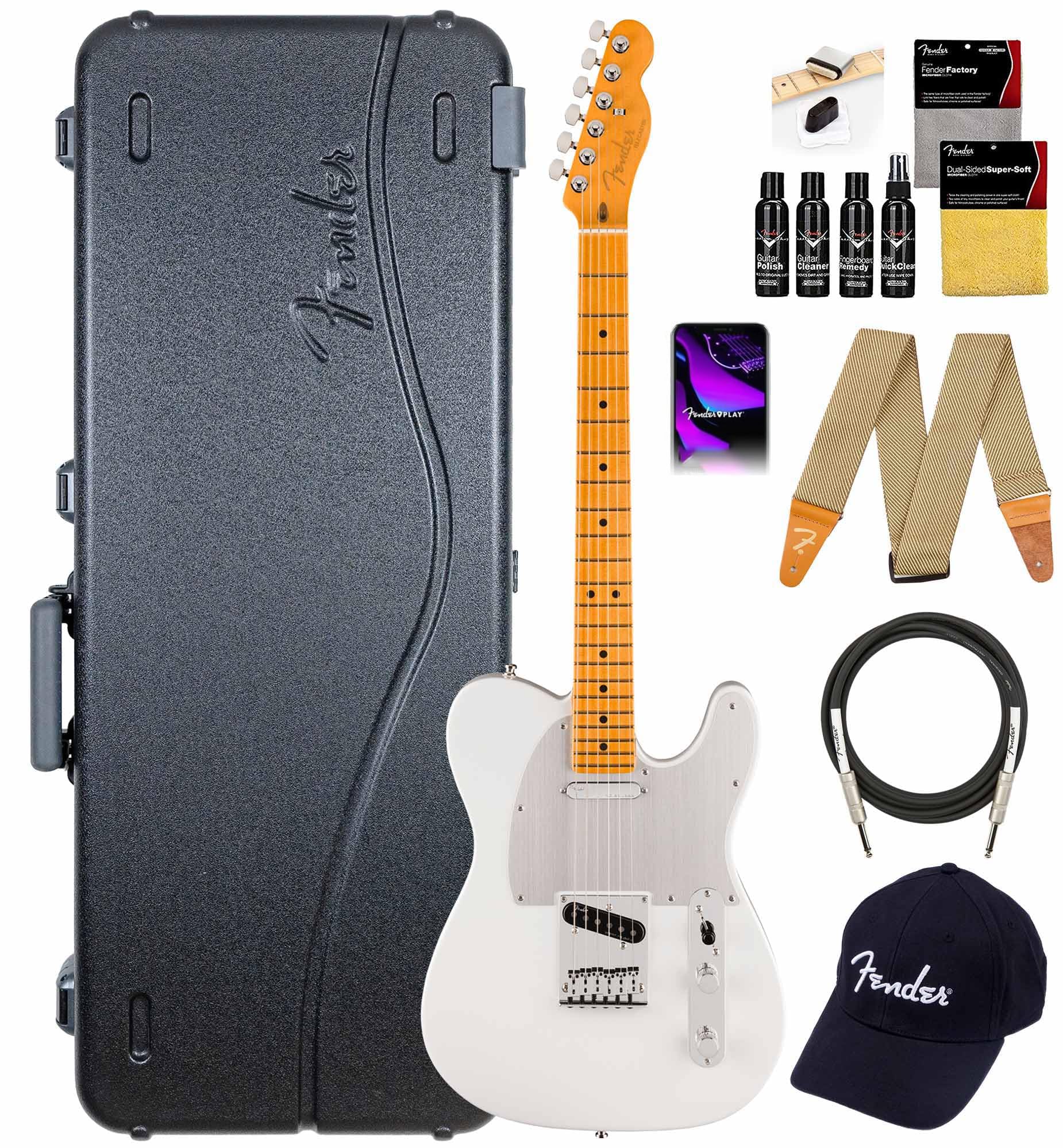 Fender American Ultra II Telecaster - Avalanche Bundle with Case, Strap, Cable, Hat, and Guitar Cleaning Kit