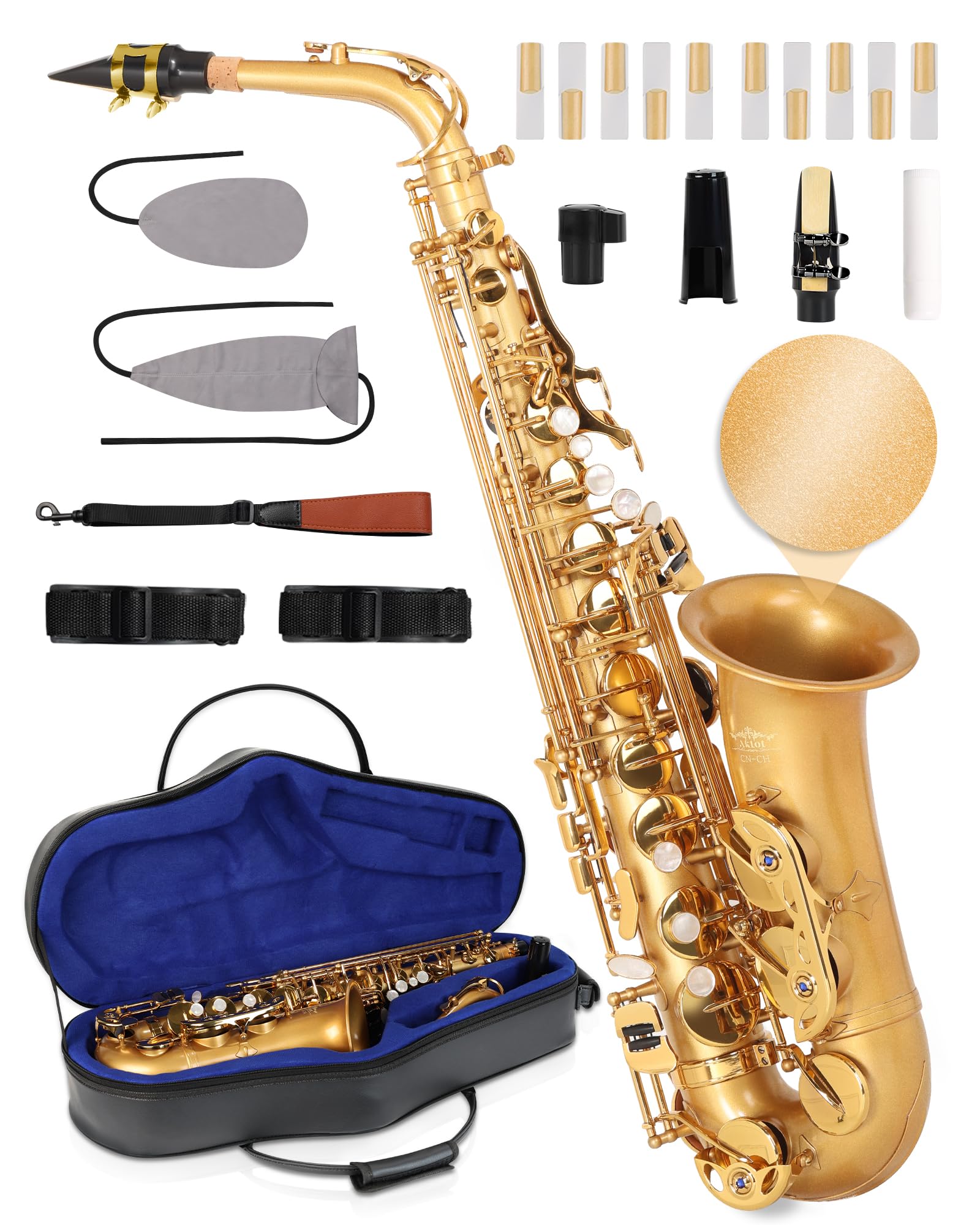 AKLOT Handcrafted E-Flat Alto Saxophone: Matte Silver Brass Body with Warm, Rich Tone, Secure Air Seal, Smooth 23-Key System, Includes Reeds, Premium Leather Case and Saxophone Cleaning Kit (CH-FM)