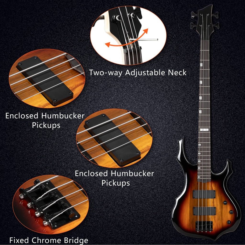 Ktaxon Electric Bass Guitar Full Size Flame Design Bass Set with 20 Watt Amplifier, Portable Bass Bag, Superior Amp Wire, Adjustable Guitar Strap, Plectrum, Wrench Tool(Matte Black)