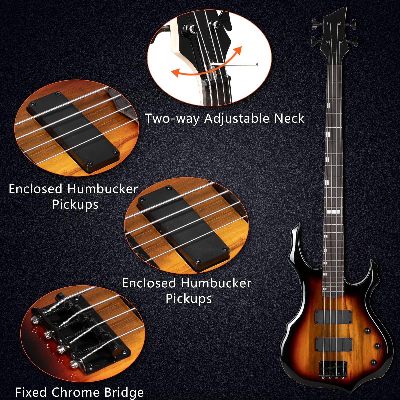 Ktaxon Electric Bass Guitar Full Size Flame Design Bass Set with 20 Watt Amplifier, Portable Bass Bag, Superior Amp Wire, Adjustable Guitar Strap, Plectrum, Wrench Tool(Matte Black)