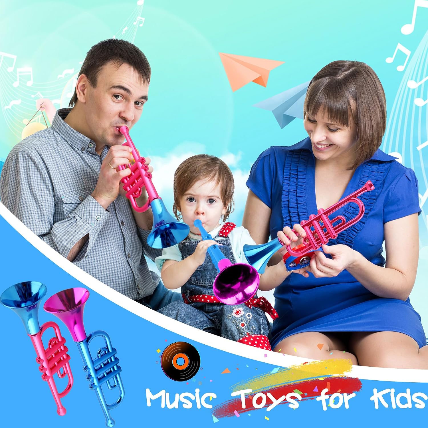 18 Pack 13 Inch Kids Trumpet Toy Colorful Plastic Trumpet Musical Instrument Metallic Trumpets Noise Maker for Kids Birthday New Year Party Favors and Sports Celebrations, 2 Colors