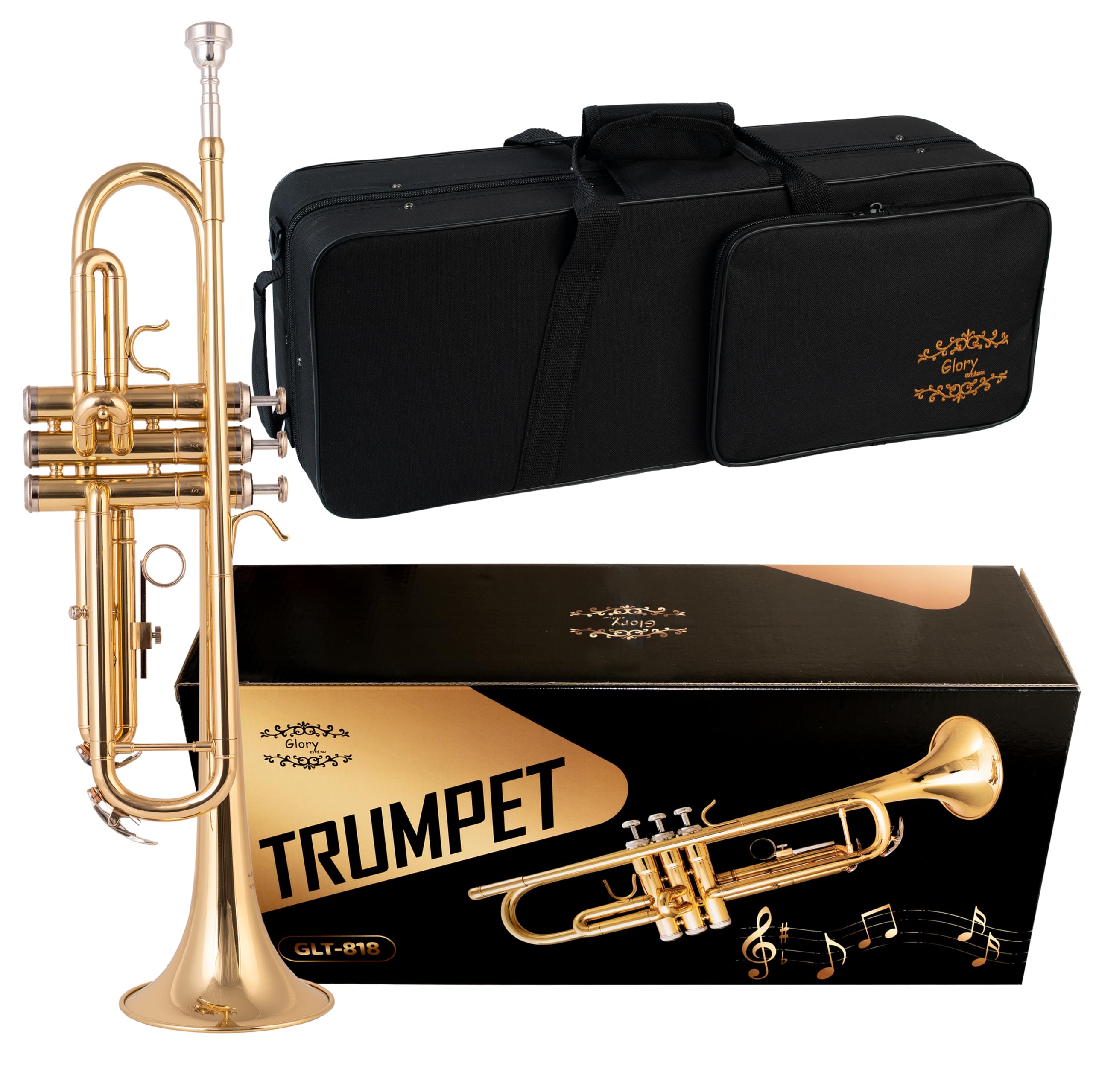 Glory Bb Trumpet - Trumpets for Beginner or Advanced Student with Case, pair of gloves-Gold