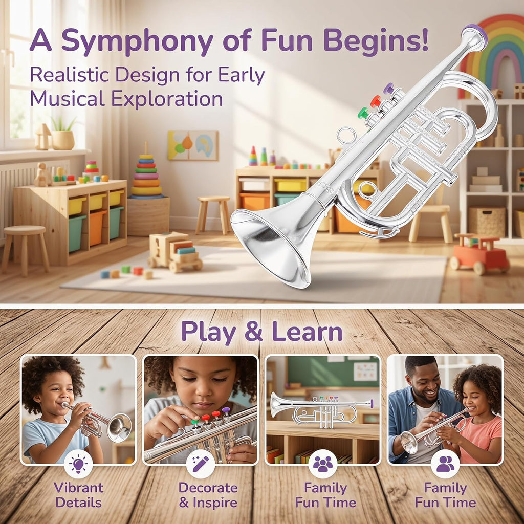Toyvian Simulated Three-Tone Trumpet Toy for Kids Ages 3-12 Early Instruments Learning Tool Realistic Musical Instrument Model for Home and School Education
