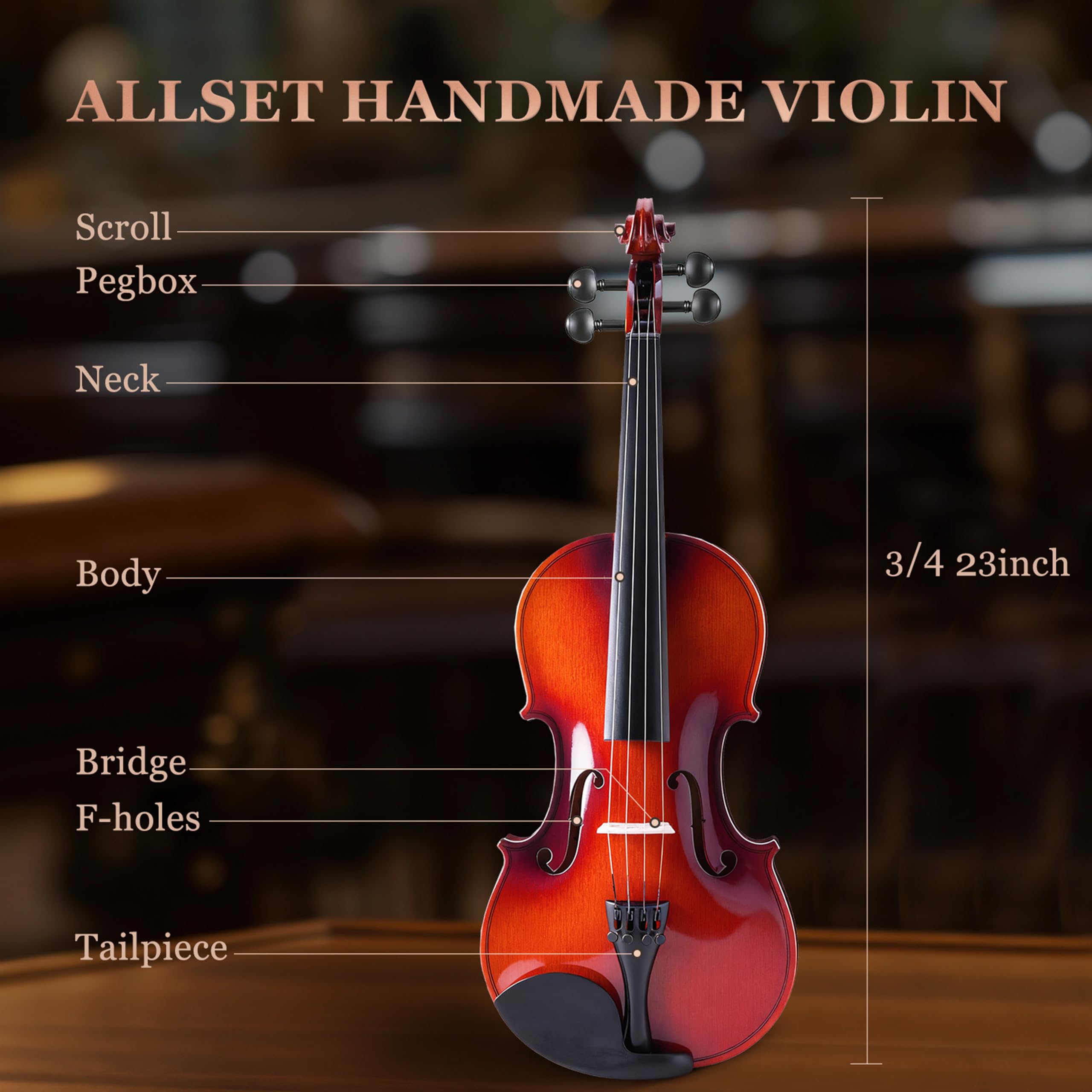 Allset Violin Fiddle Set: 4/4 Polished Violin Kit for Beginners, Acoustic Violin with Hard Case, Solidwood Handmade Starter Kit with Bow, Rosin, Shoulder Rest, Tuner, Strings-Burgundy (yellow, Full)
