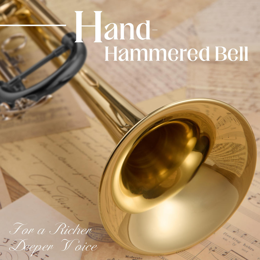 AKLOT Hand-Hammered Bell Bb Trumpet: Smooth Valve Action, Clear-Lacquered Brass Body, Standard Trumpet Beginner Set with Leather Case, Lesson Book, Trumpet Mute, Mouthpiece, Cleaning Kit (SNR-BrzSF)