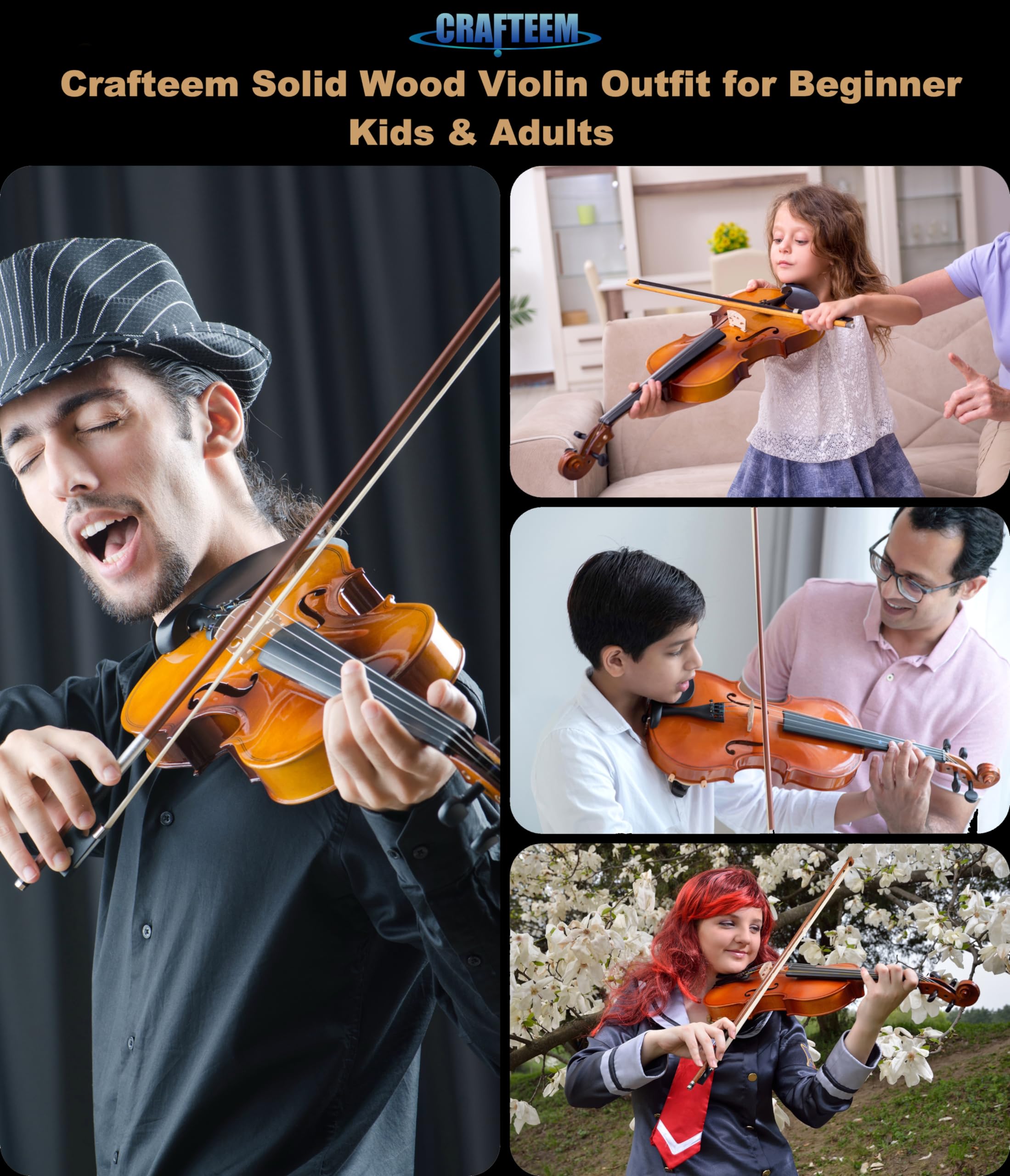 Crafteem Spruce and Maple Solid Wood Violin Outfit for Beginner Kids & Adults -Craft Your Perfect Sound and Begin Your Musical Journey with Confidence. (Glossy Antique, 1/2)