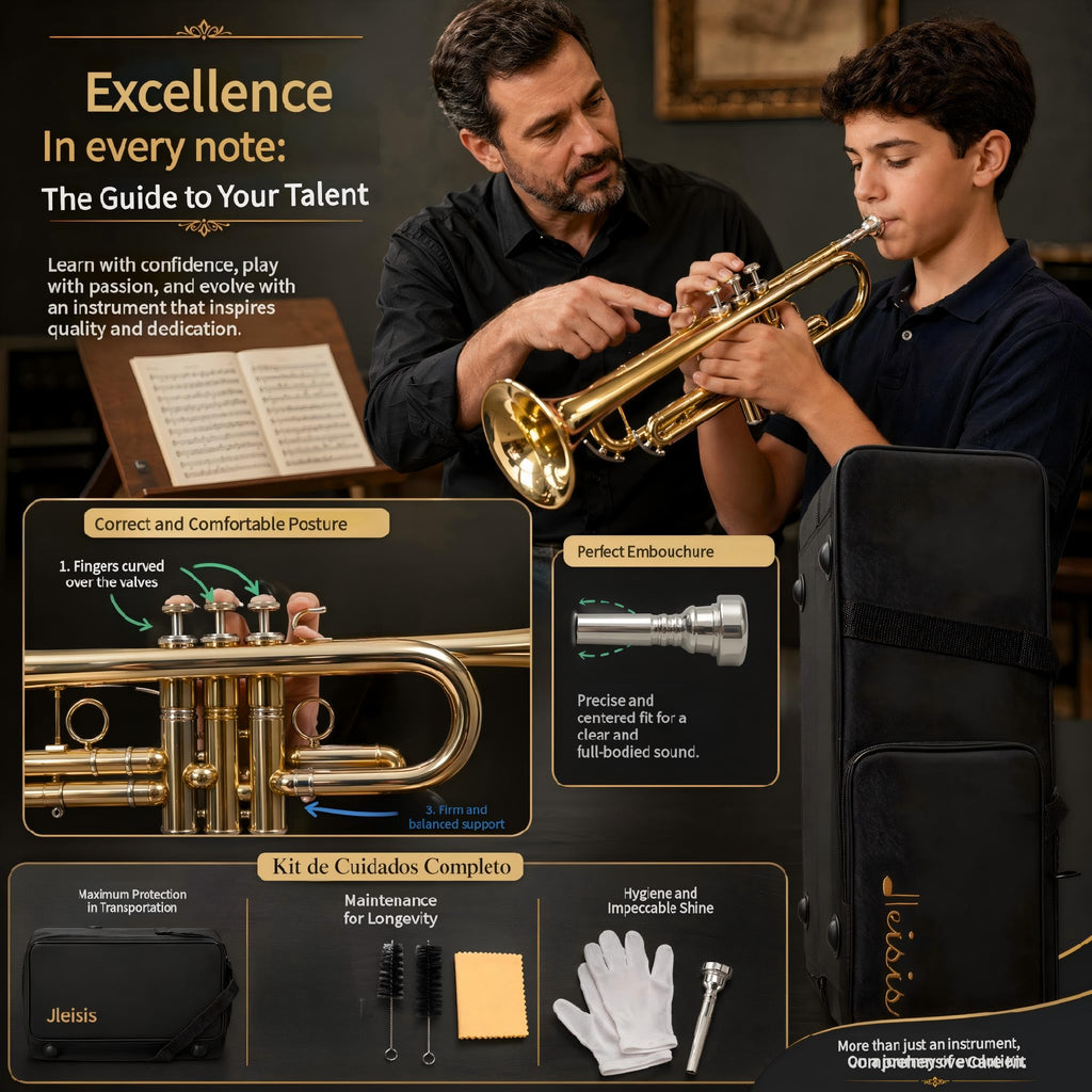 Bb Trumpet for Beginner/Advanced Student, Brass Instrument with 7C Mouthpiece, Hard Case, Polishing Cloth, Gloves, Cleaning Kit (2 Short + 1 Long Brush), Golden for Kids & Adults