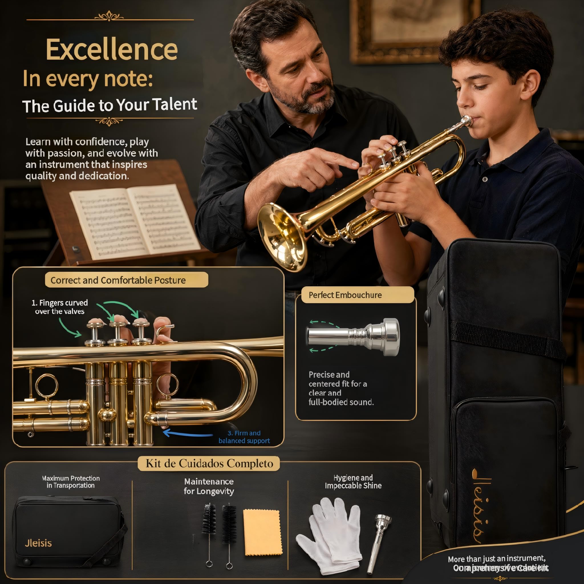 Bb Trumpet for Beginner/Advanced Student, Brass Instrument with 7C Mouthpiece, Hard Case, Polishing Cloth, Gloves, Cleaning Kit (2 Short + 1 Long Brush), Golden for Kids & Adults