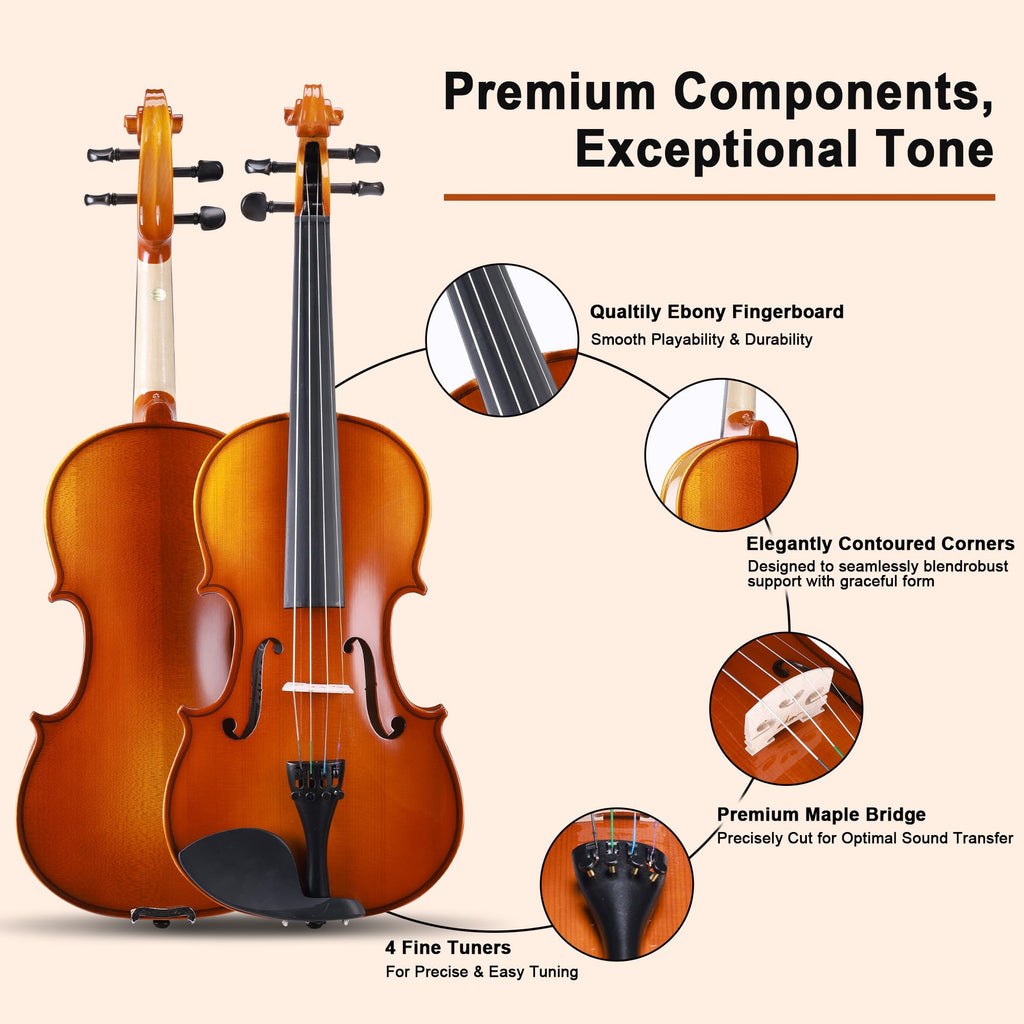 ADM Acoustic Violin for Beginner 4/4 Full Size Violin Set Solid Wood Ebony for Adult Teen Student Starter Kit with Hard Case, Shoulder Rest, Bow, Music Stand, Strings, Free Lessons (Sepia, 4/4 Size)
