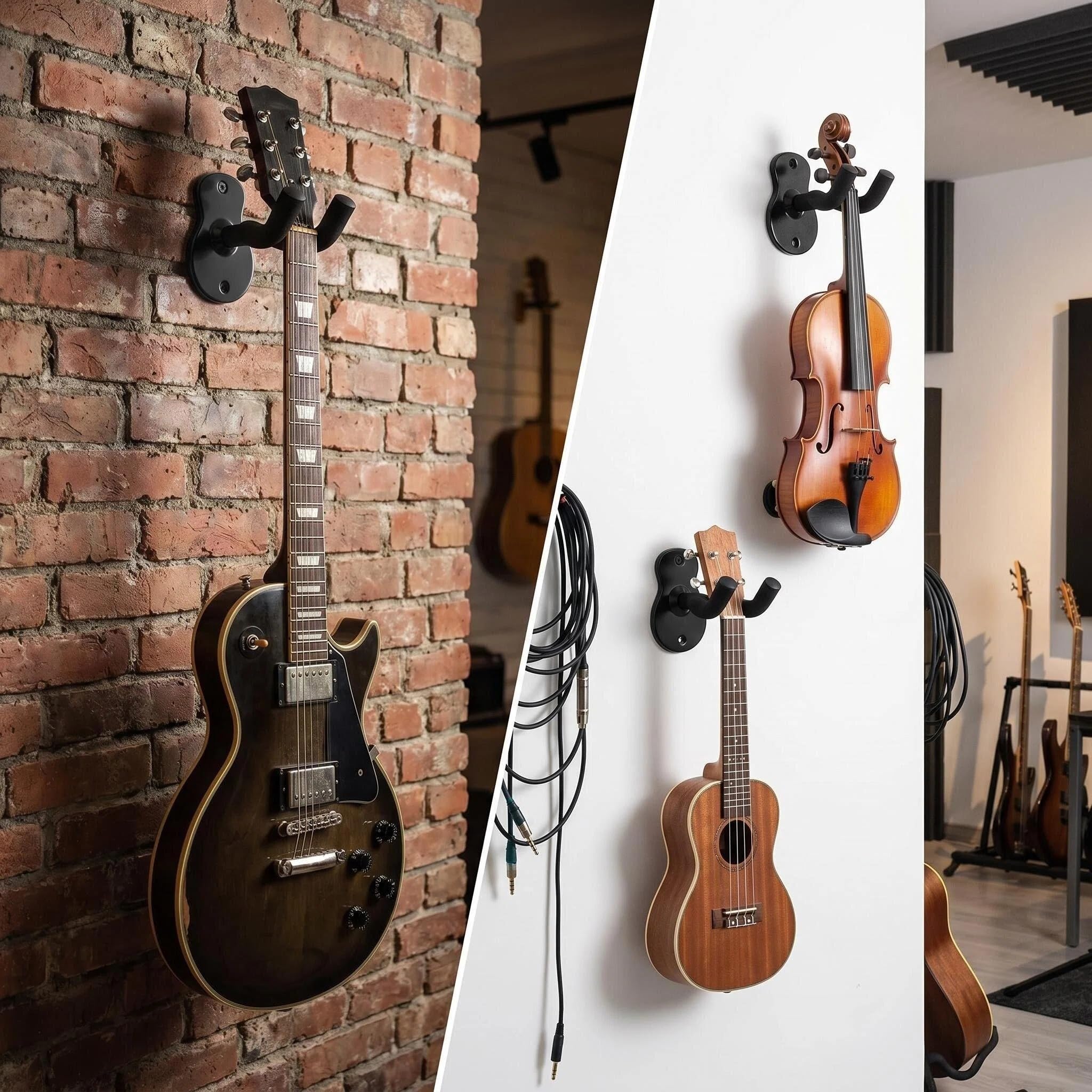 Guitar Wall Mount Hanger Brown Walnut 4 Pack, Guitar Wall Hangers Hooks Holder Stand Display with Screws - Easy to Install - Fits Guitars, Bass, Mandolin, Banjo