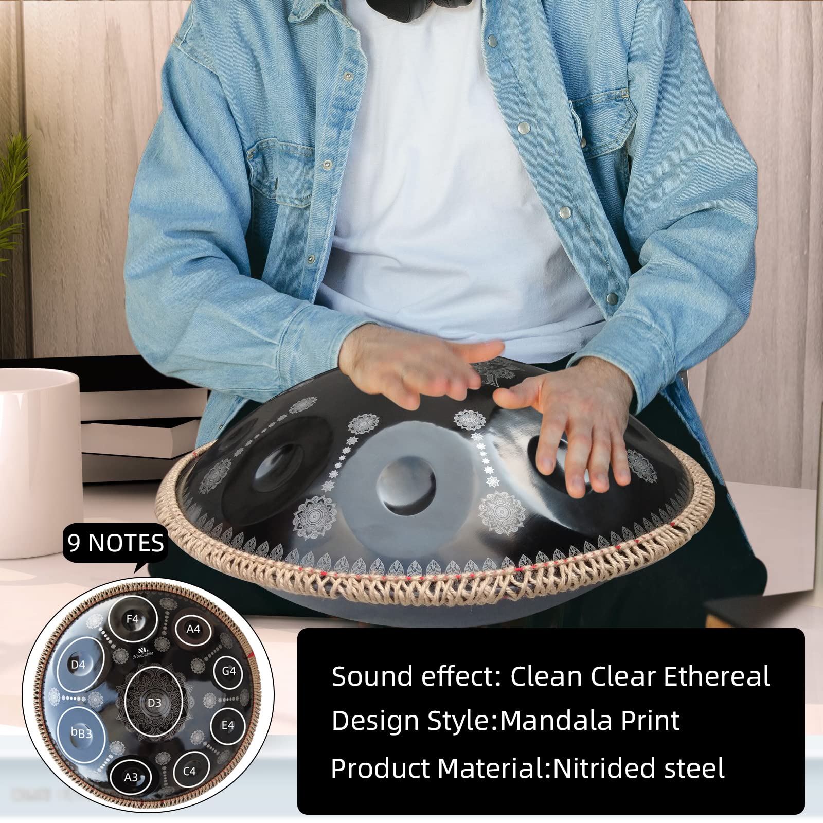 Handpan Drum 22 Inches D Minor Kurd, 432Hz 10 Notes Hand Drum Instrument, Premium Steel Drum, Handpan Instrument for Adults (Gold)