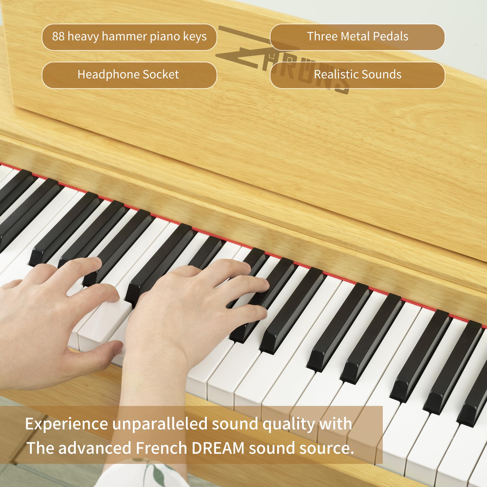 88 Key Weighted Hammer Action Digital Piano, French 5704 Chip, Solid Wood Stand, Triple Pedal, USB-MIDI, 192 Polyphony – For Adults & Intermediate