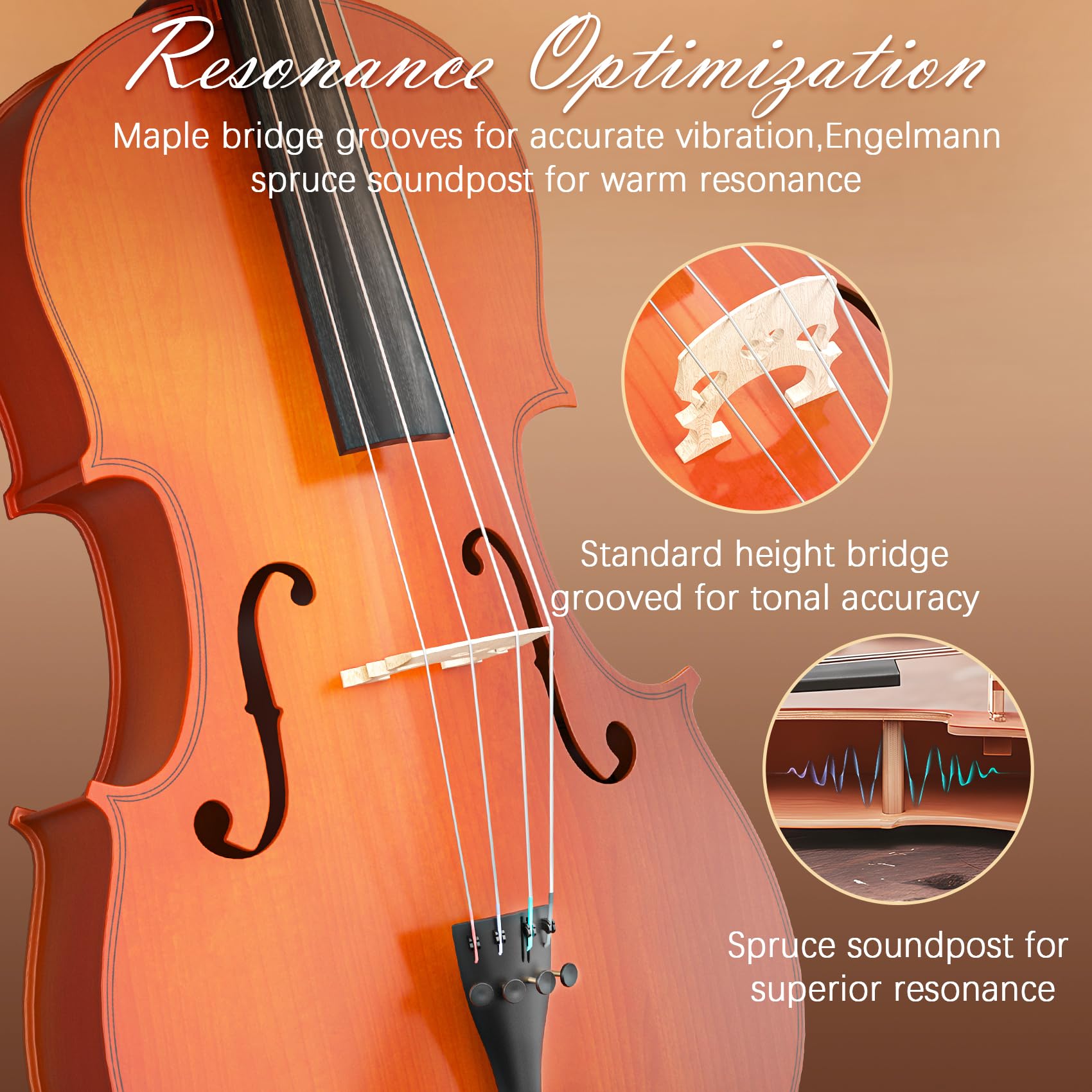Cello 4/4 Kit, Full Size Cello for Adults, Students, Beginners, Complete Acoustic Cello Instrument Set with Portable Bag, Bow, Rosin, Black