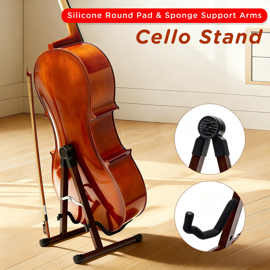 Cello Stand with Bow Holder, Wooden Stand for 1/2, 3/4, 7/8, 4/4 Full-Size, A-Frame Floor Cello Stand with Padded Foam and Non Slip Pad, Cello Display Stand (Black Walnut)