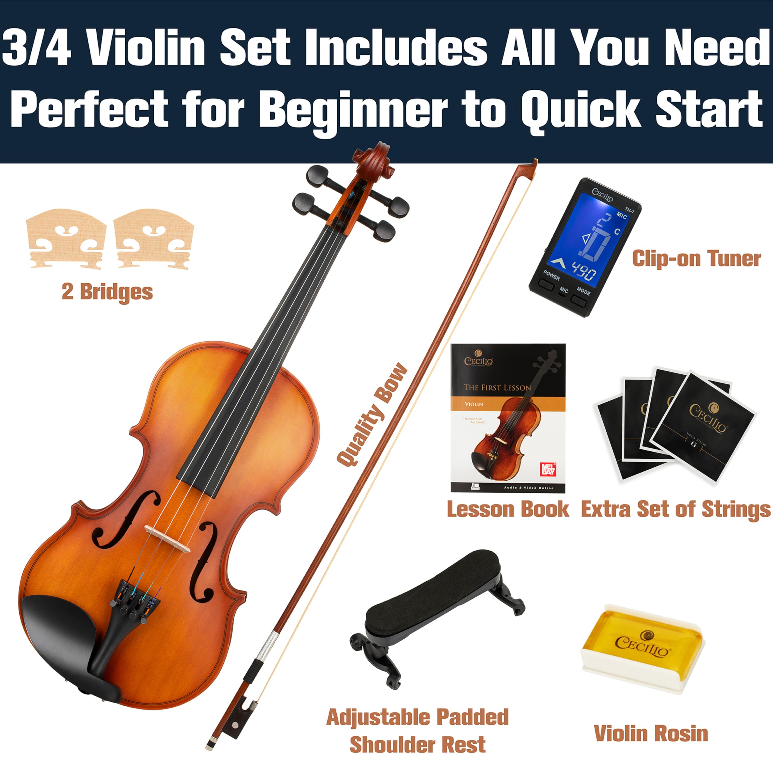 Mendini By Cecilio Violin 4/4 Full Size For Beginners - Fiddle Solidwood Kit with Hard Case - Acoustic Violins with Bow, Rosin, Tuner, Extra Strings & Bridge, Shoulder Rest and Lesson Book (Varnish)
