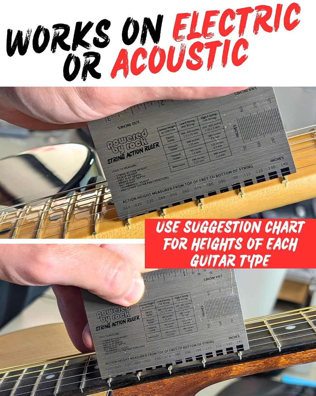String Action Gauge for Guitar Setup - Precision String Height Ruler | Luthier tool to adjust guitar strings, nuts and pickups for optimal playability on electric and acoustic guitars