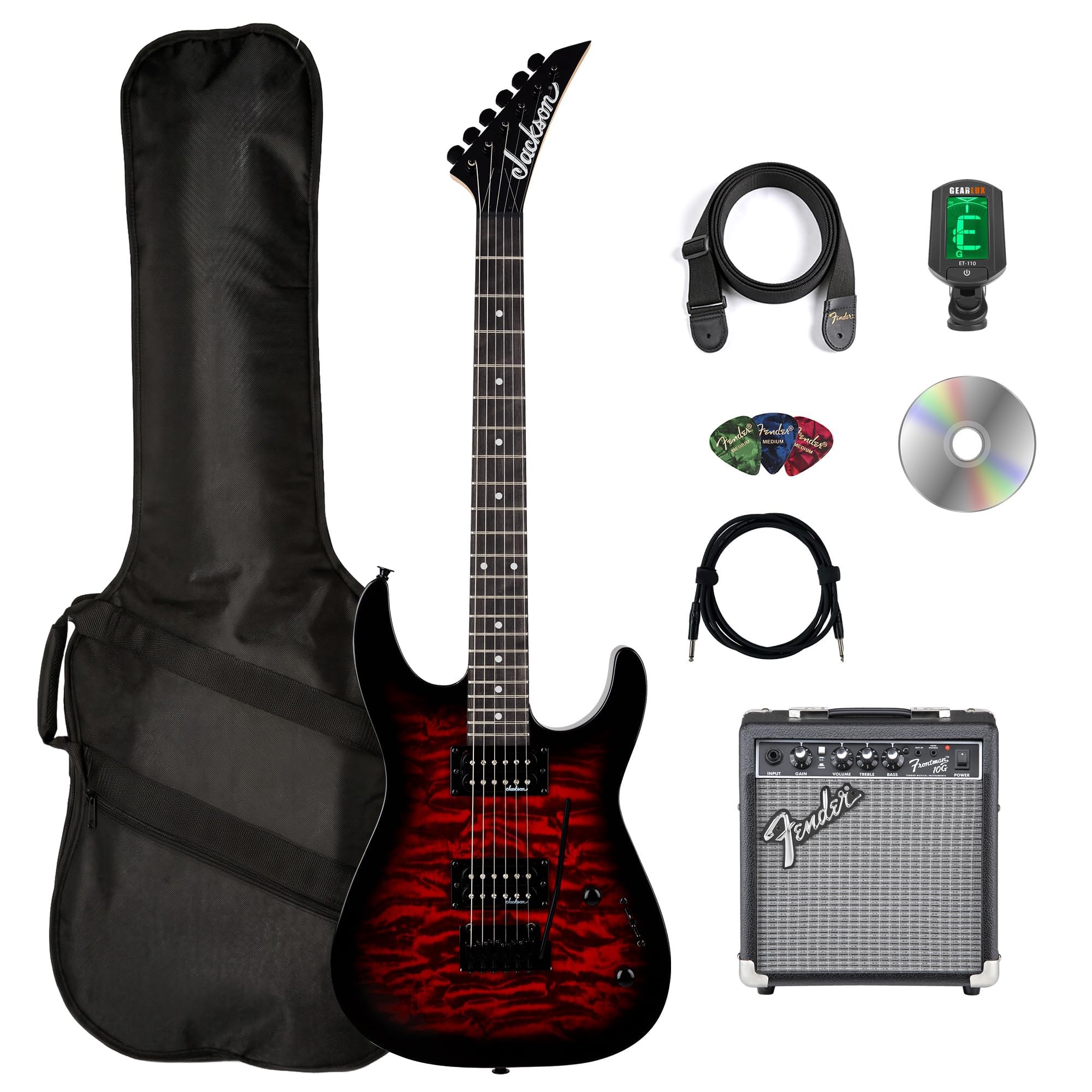 Jackson JS Series Dinky JS11 Electric Guitar - Metallic Red Bundle with Cable, Tuner, Strap, Picks, and Austin Bazaar Instructional DVD
