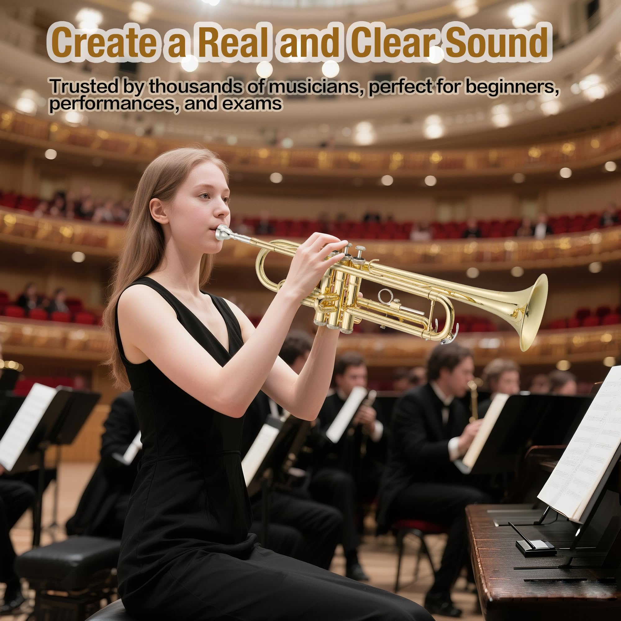 Senfot Brass Standard Trumpets with Bag, Mouthpiece, Strap, Gloves, Cleaning cloth, Trumpet oil; Exceptional Sound Quality Instrument for Band, Lessons & Practice