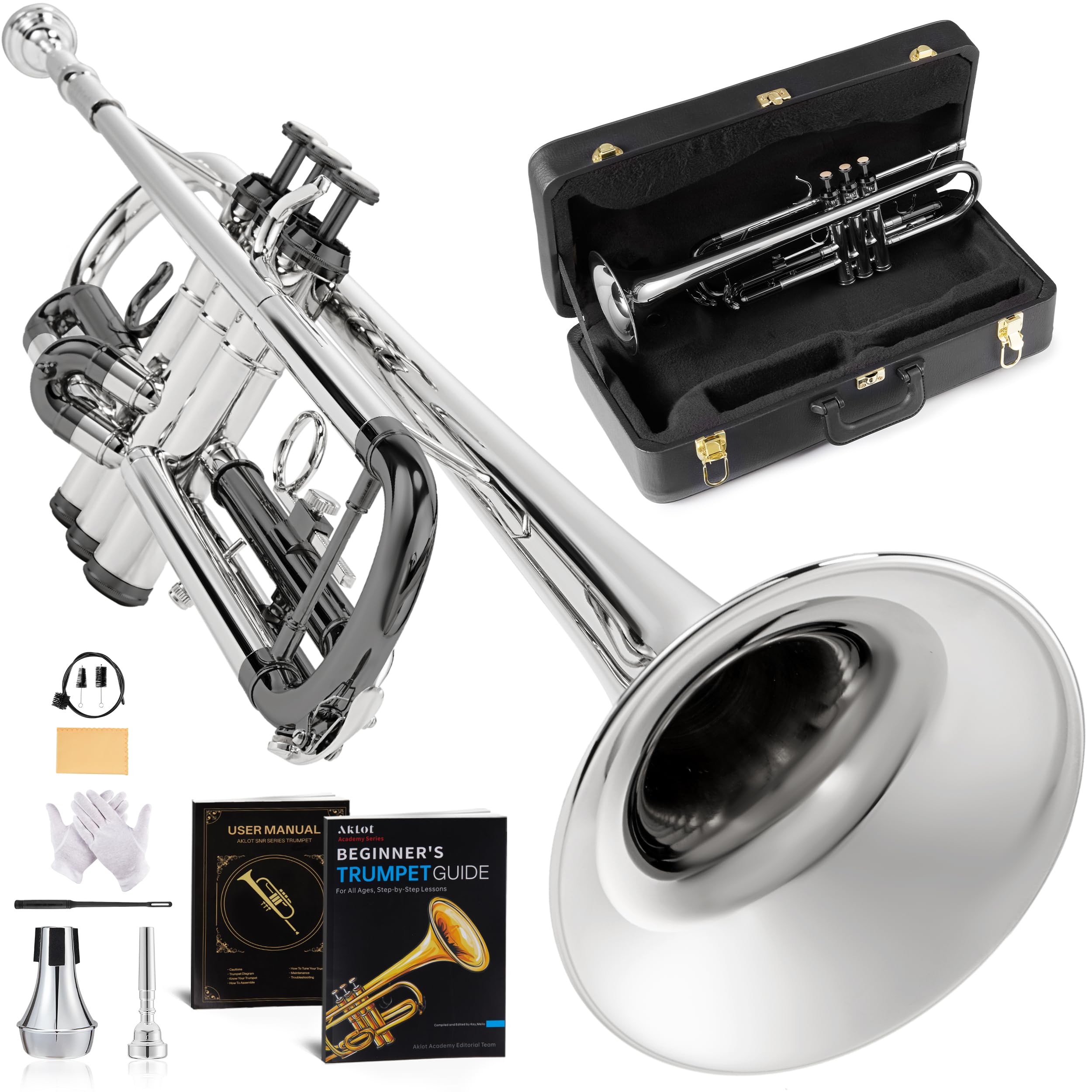 AKLOT Hand-Hammered Bell Bb Trumpet: Smooth Valve Action, Clear-Lacquered Brass Body, Standard Trumpet Beginner Set with Leather Case, Lesson Book, Trumpet Mute, Mouthpiece, Cleaning Kit (SNR-BrzED)