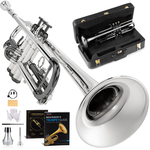 AKLOT Hand-Hammered Bell Bb Trumpet: Smooth Valve Action, Clear-Lacquered Brass Body, Standard Trumpet Beginner Set with Leather Case, Lesson Book, Trumpet Mute, Mouthpiece, Cleaning Kit (SNR-BrzED)