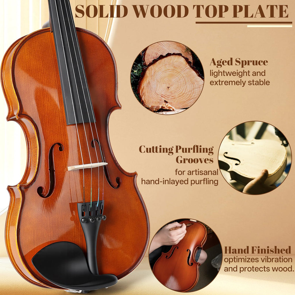 Kmise Violin 4/4 Full Set, Fingerboard Fret Markings Violins, Matte Acoustic Fiddle for Adults, Beginners, Students with Violin Case, Rosin, Strings, Bow, Shoulder Rest, Beginner's Guide (Matte, 4/4)