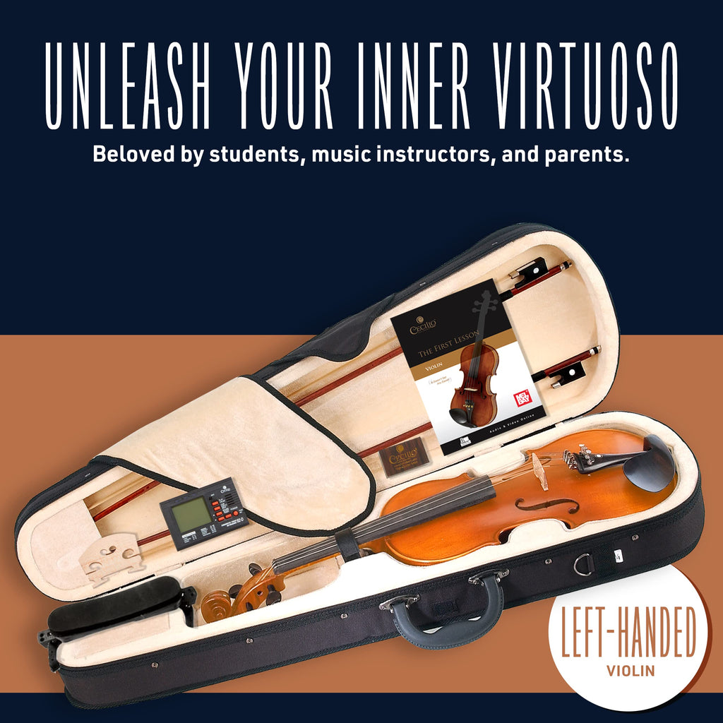 Cecilio 4/4 Full-Size Left-Handed Violin, Solid Spruce Top & Maple Body Professional Fiddle Set Includes Hard Case, 2 Bows, Rosin, Bridges & Extra Strings