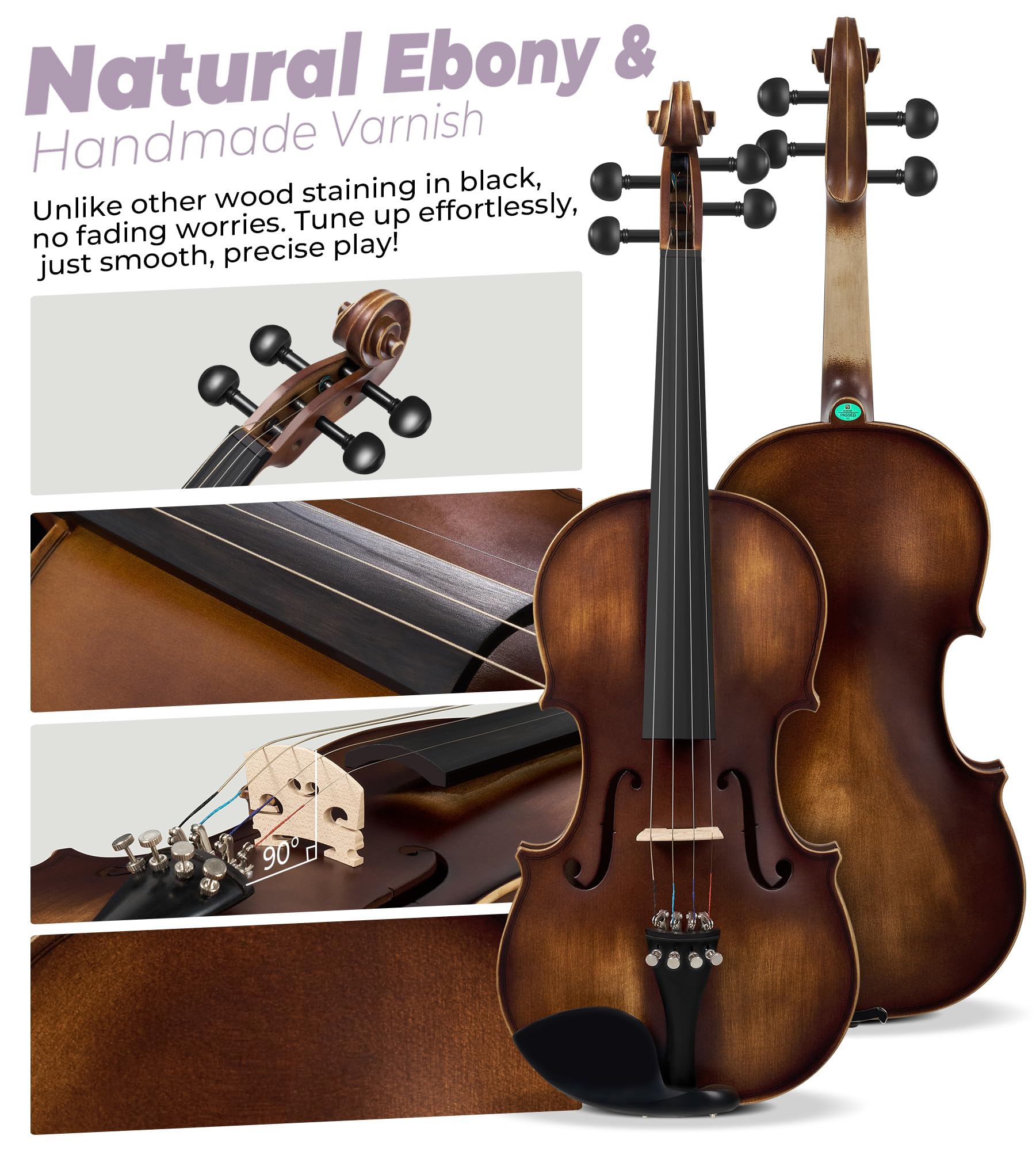 Vangoa Violin 4/4 Full Size Set, Varnish Fiddle Solid Wood for Professional Adults Senior Intermediate Beginners Student Starter Acoustic Violins Kit Outfit with Ebony Fitted, Hard Case, Right Handed