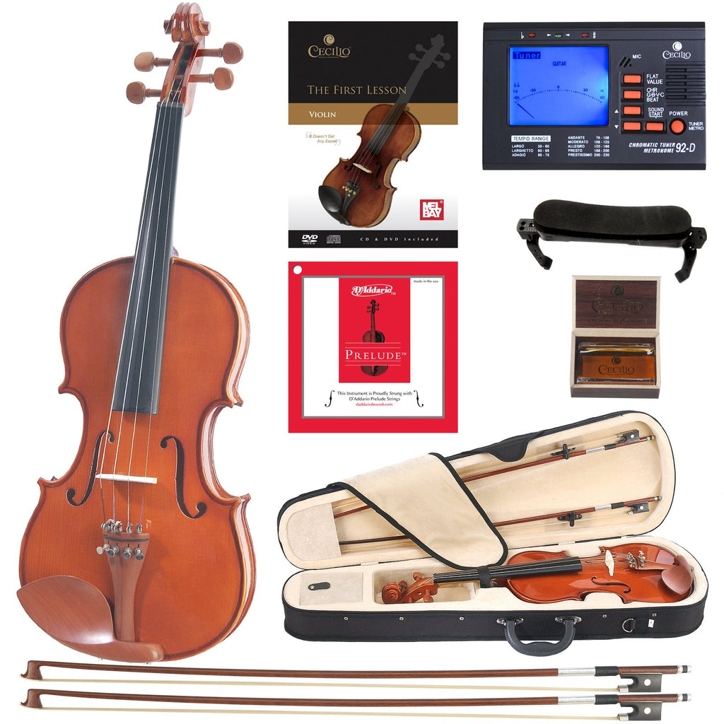 Cecilio 1/2 Size Natural Varnish Violin for Beginners, Hand-Carved Solid Spruce Top, Maple Back & Sides, Full Fiddle Kit with Hard Case, Bows, Rosin, Shoulder Rest, Lesson Book