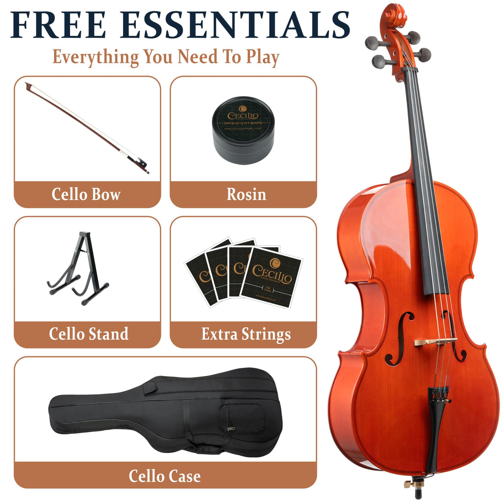 Cecilio 4/4 Full Size Cello, Beginner Cello 4/4, Acoustic Cello Set with Portable Bag, Bow, Rosin, Stand, String Musical Instruments for School Orchestras, Performances