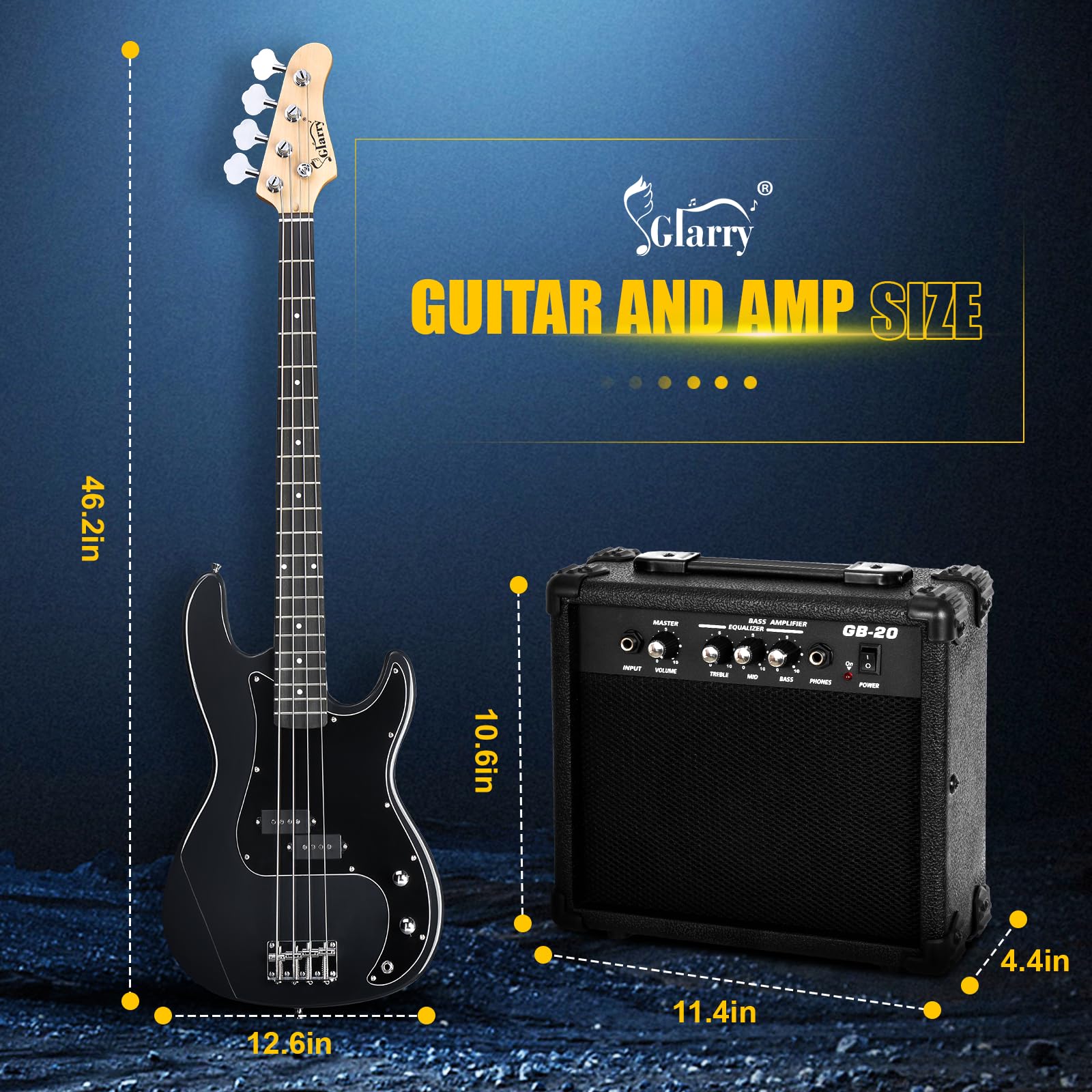 GLARRY Full Size Electric Bass Guitar Beginner Kit 4 String Exquisite Basswood Bass with 20W AMP, Cable, Strap, Bag and Accessories (Black, 39"Right Handed)